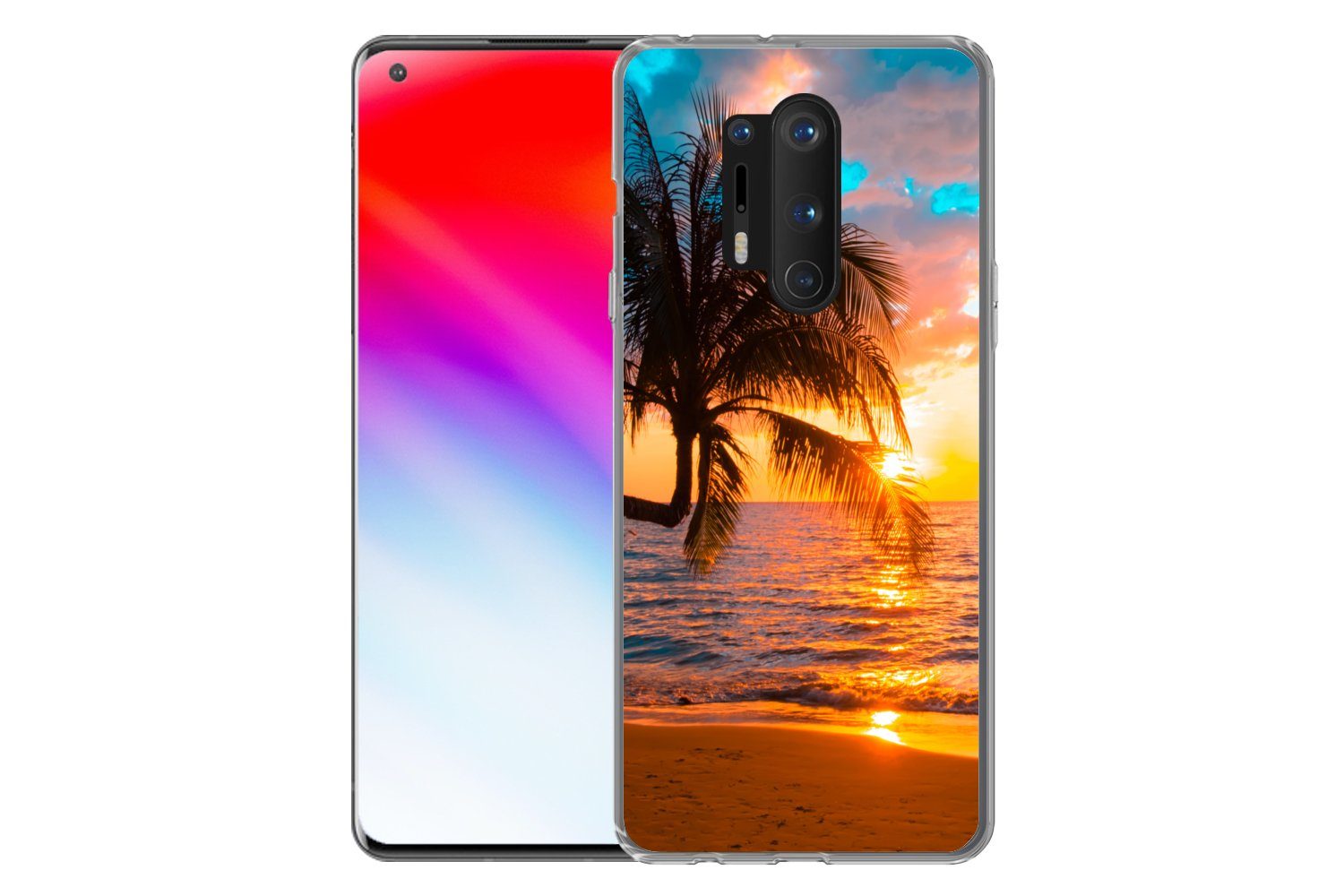 MuchoWow Handyhülle für OnePlus 8 Pro Palme - Sonnenuntergang - Horizont - Strand - Meer -, Phone Case, Silikon, Schutzhülle Dünn