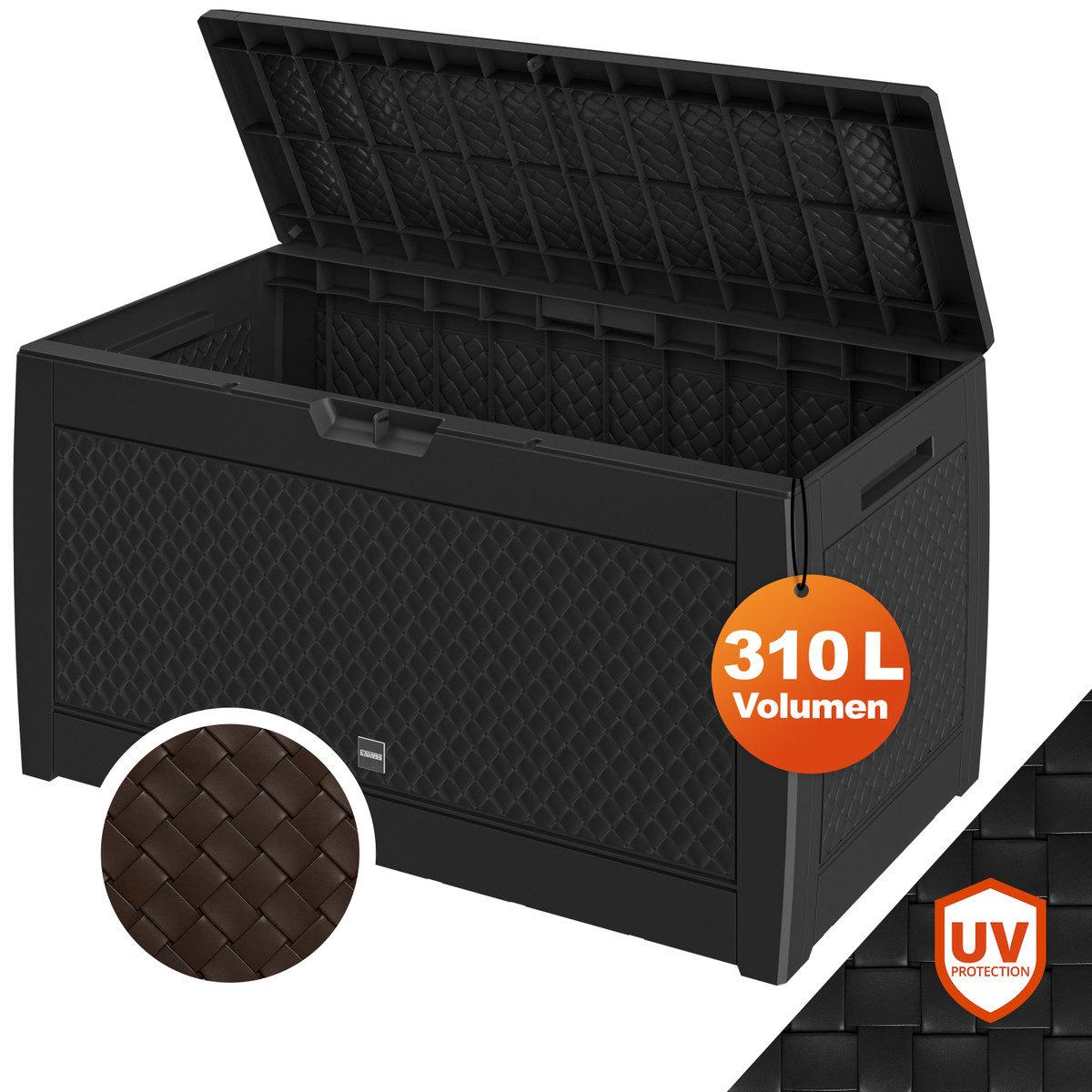 Casaria Auflagenbox Matuba, 310L Haltegriffe Rollen Balkon Wohnzimmer Flecht-Optik Anthrazit