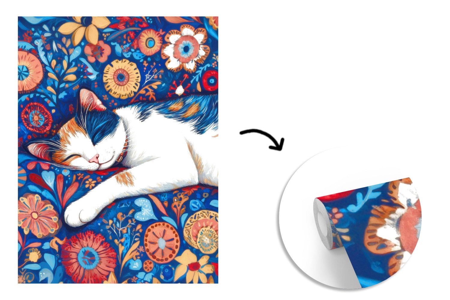 MuchoWow Fototapete Katze - Blumenmuster - Blau - Orange, Matt, bedruckt, Wallpaper für Wohnzimmer, Schlafzimmer, Vinyl Tapete, 165x220 cm