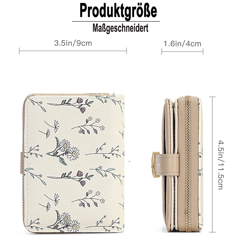 Zaewry Geldbörse Kleine Damen Geldbörse,modisch, niedlicher Margeriten-Aufdruck, Leder, Bifold, kompakt, RFID-geschützt, mit Reißverschlusstasche