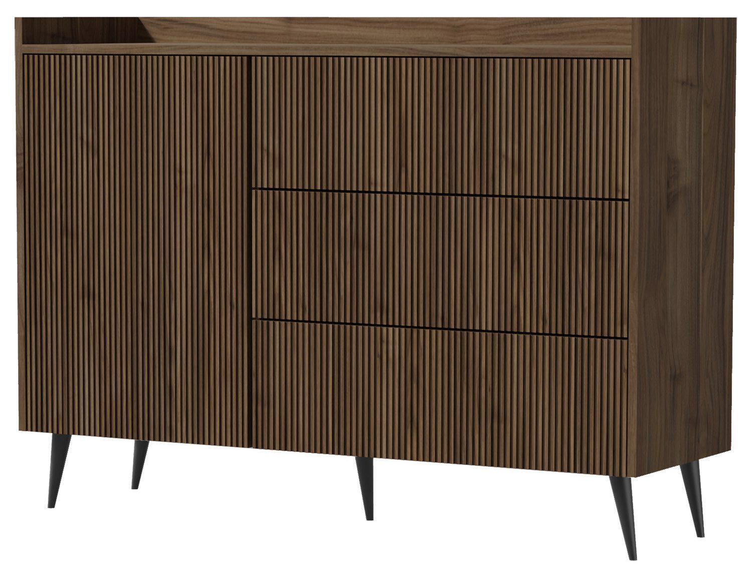 Beautysofa Kommode AMFALI mit 3 Schubladen und Tür (Push-to-open, geriffelte Fronten, schwarze Metallbeine), Frühlings-Eiche, Nussbaum oder Cashmere