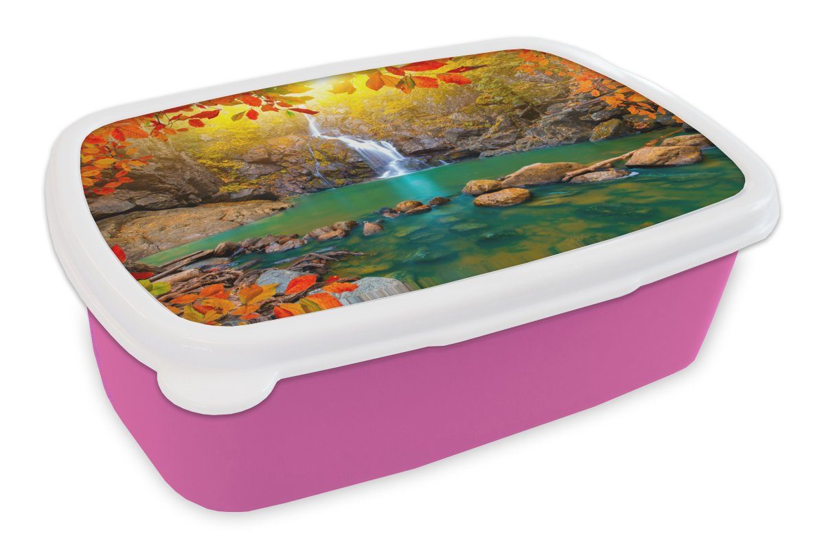 MuchoWow Lunchbox Steine - Baum - Wasserfall - Herbst - Rot, Kunststoff, (2-tlg), Brotbox für Erwachsene, Brotdose Kinder, Snackbox, Mädchen, Kunststoff rosa