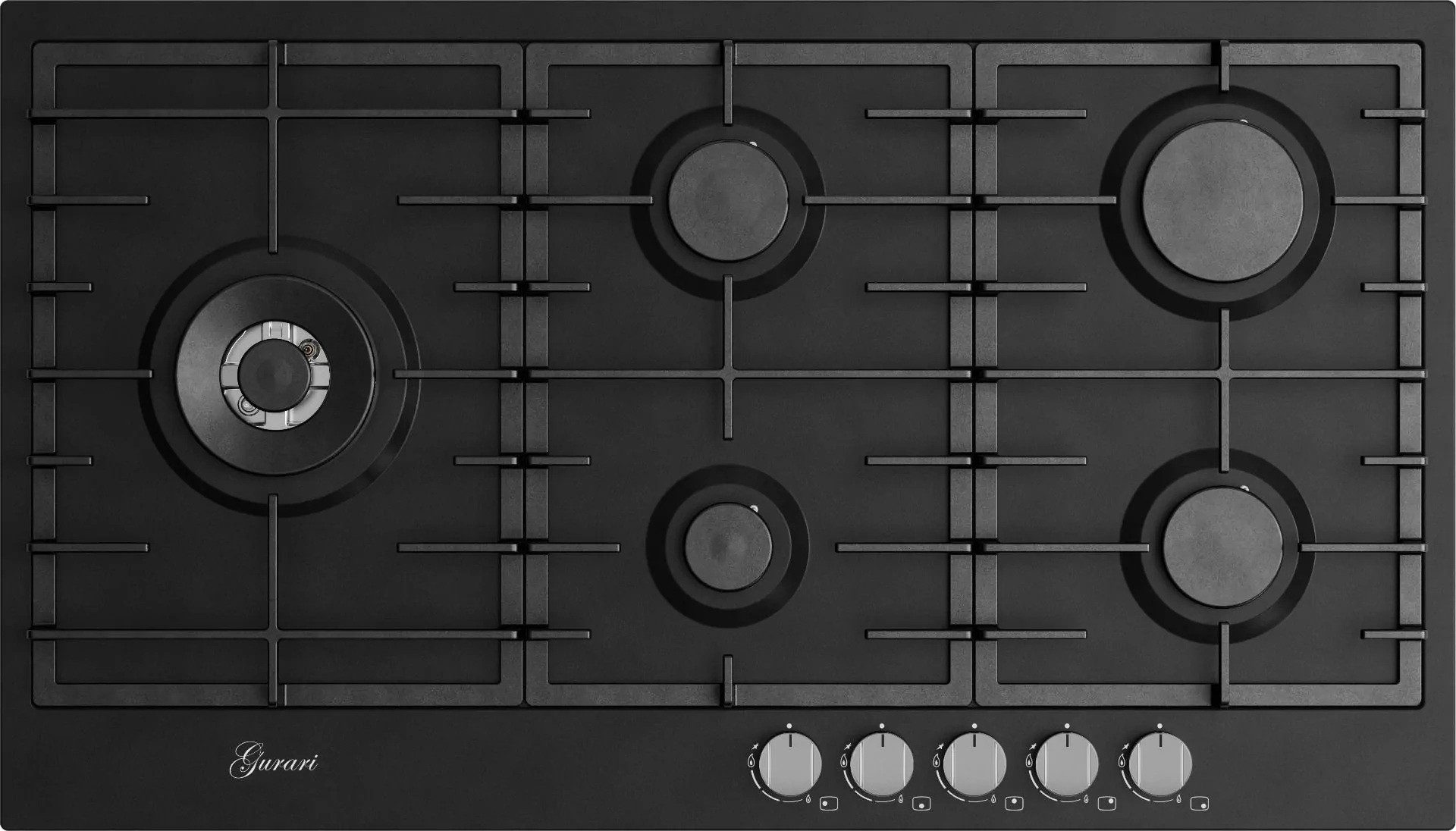 GURARI Gas-Kochfeld GCH FB 905 BL Gaskochfeld 90 cm, Schwarz Emaliert, 4,0 kW WOK, 5 Gasbrenner,Erdgas, FL.Gas, Gaskochfeld 90 cm – Premium-Kochen mit Stil und Leistung