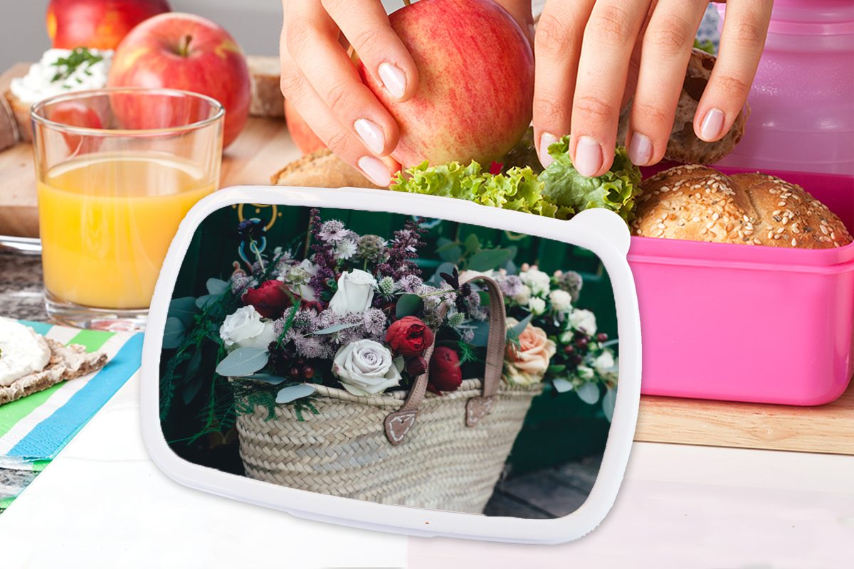 MuchoWow Lunchbox Rosen - Korb, Kunststoff Brotbox Erwachsene, für Snackbox, (2-tlg), Kunststoff, rosa Brotdose Kinder, Mädchen, Blumen 