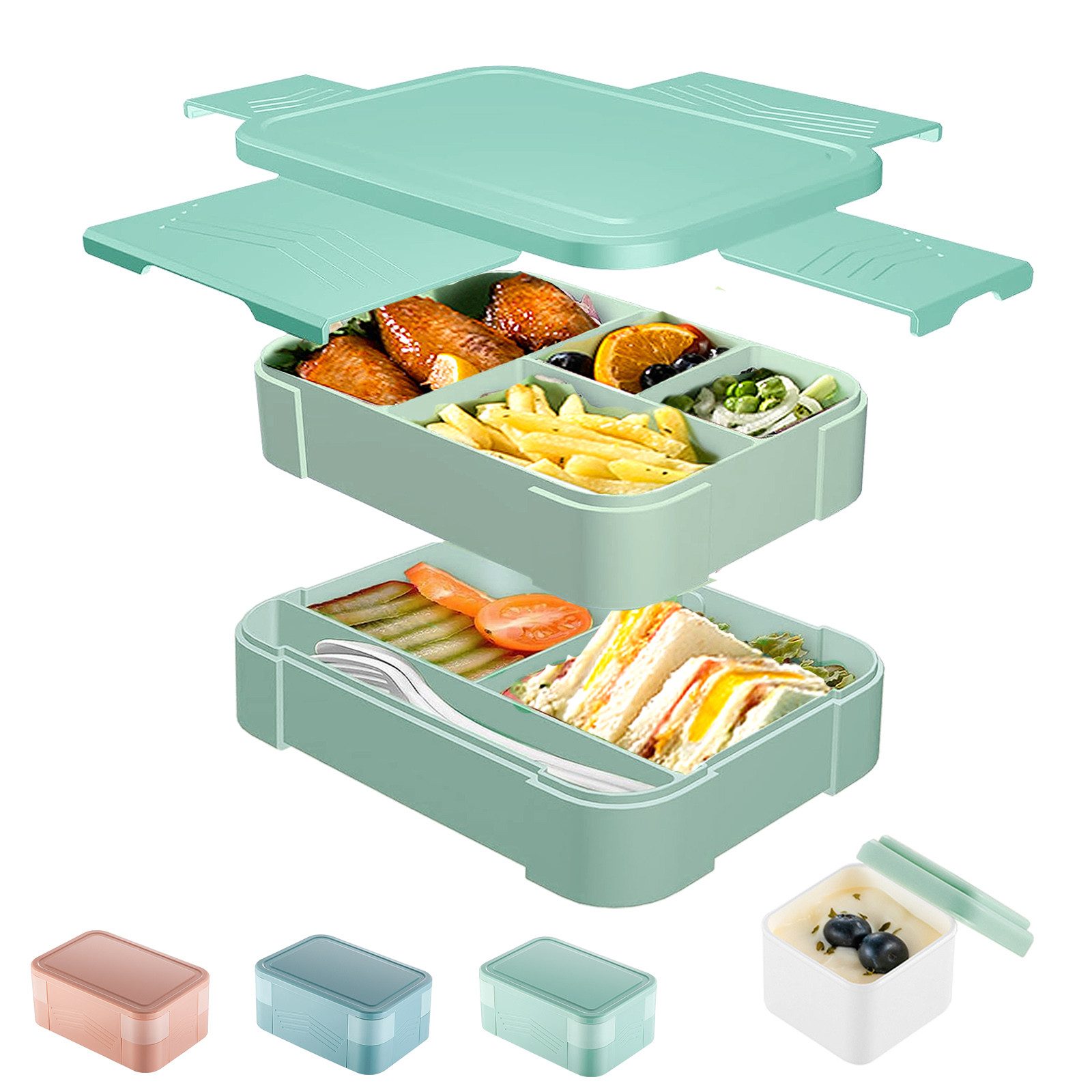 CALIYO Lunchbox Lunchbox, 1550ml Auslaufsichere Stapelbare Bento Box, Lebensmittelbehälter mit 6 Fächern, Besteck & Saucentopf-Set