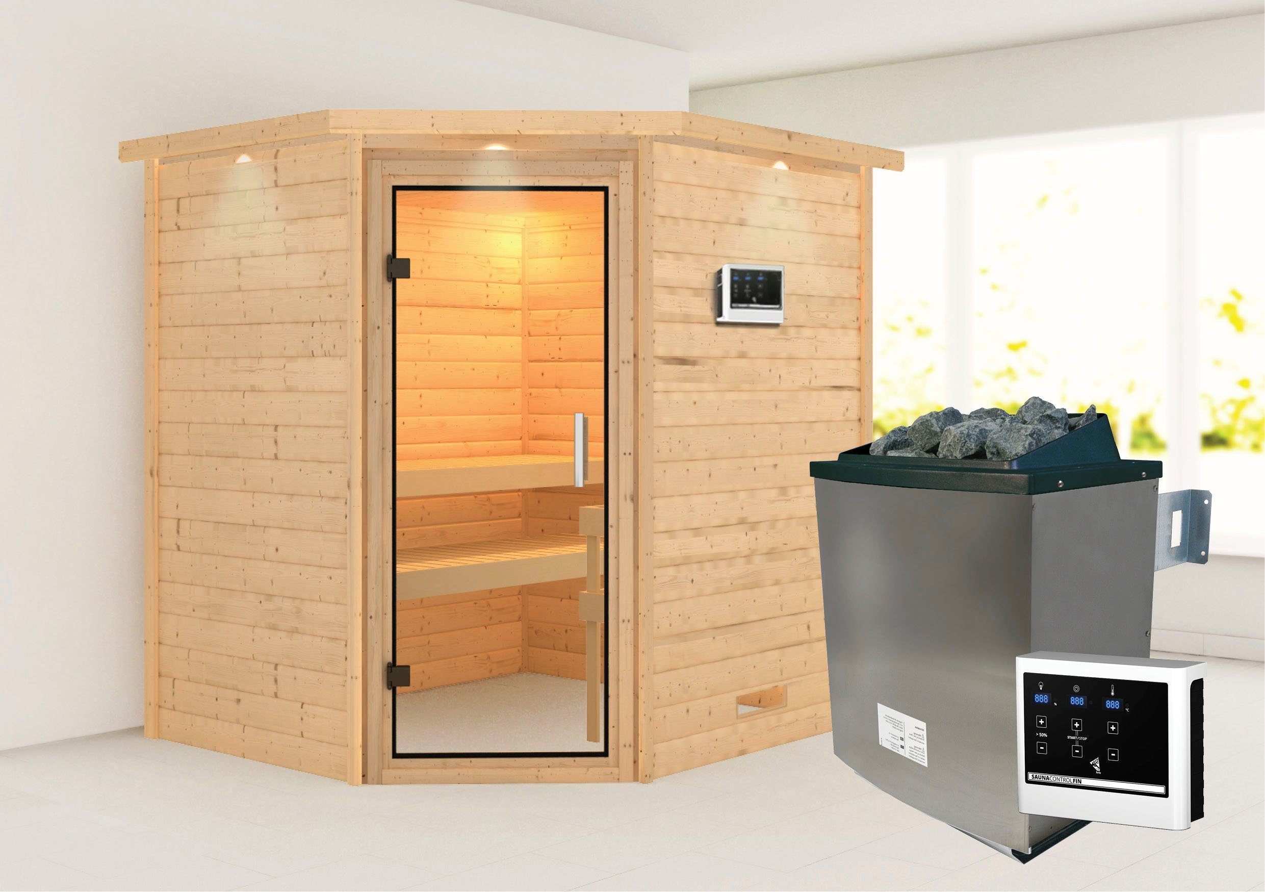 Karibu Sauna Mia (Fronteinstieg), BxTxH: 2240 x 1840 x 2020 cm, 38 mm, Ofen 9 KW externe Strg easy