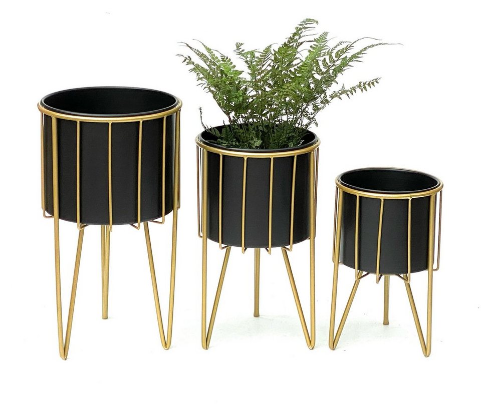 DanDiBo Blumenständer Blumenhocker mit Topf Metall Gold Schwarz Rund 3er  Set Blumenständer 96039 Blumensäule Modern Pflanzenständer Pflanzenhocker