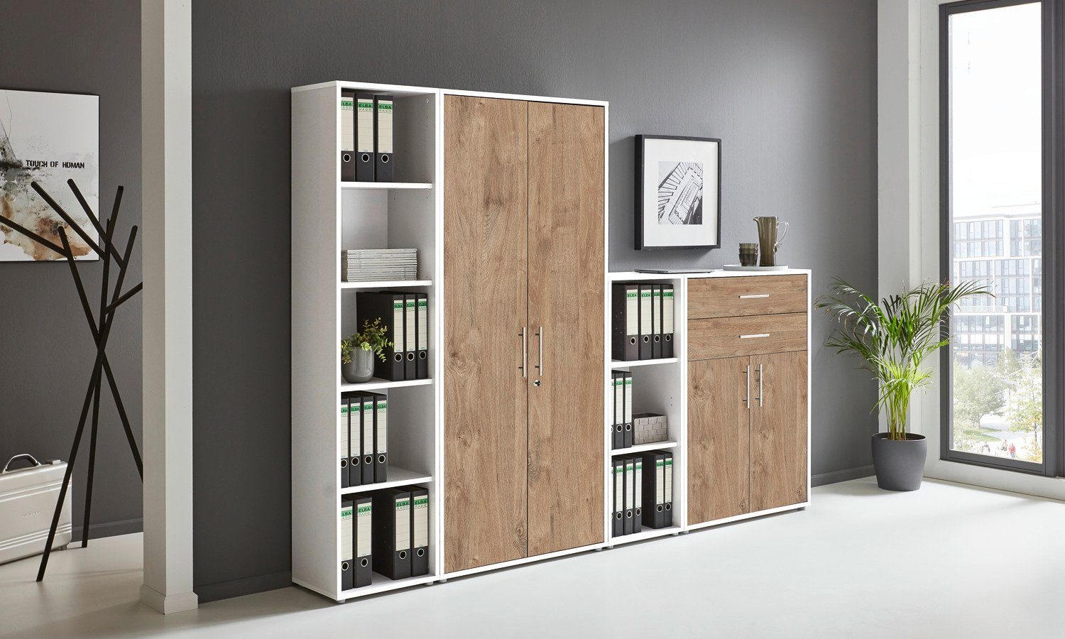 BMG Möbel Aktenschrank Office Edition (Set 22, Büroschrank abschließbar mit Metallgriffen, 4 teilig) 2x Regal, 1x großer Aktenschrank, 1x Schubkastenschrank