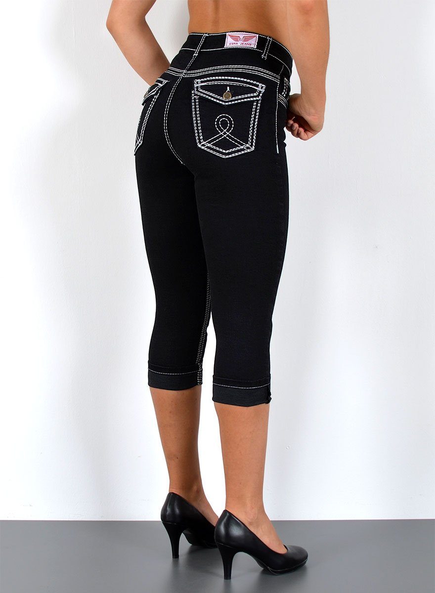 ESRA Caprijeans Damen 3/4 Capri Jeans-Hose mit Kontrast-Nähte bis Große Größen J563 Damen High Waist Capri Jeans Stretch Jeans dicke Naht bis Übergröße – Bild 4 von 5
