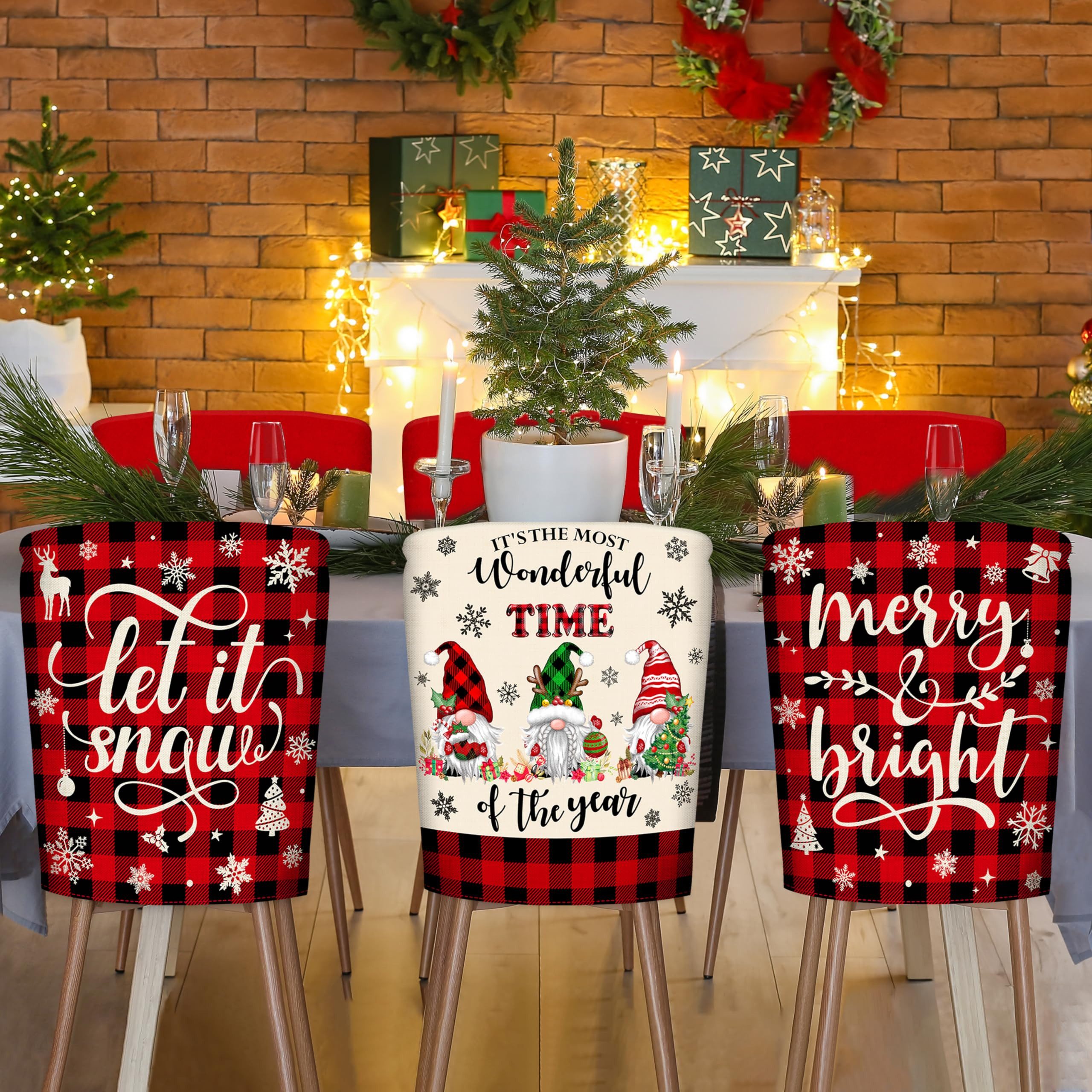 CLTYQ Stuhlhusse 6er-Set Weihnachtsstuhlhussen, Hussen-Set Waschbar, Weihnachtsdeko, rot-schwarz kariert, mit Zwergen- und Weihnachtsbaummotiven – Bild 4 von 5
