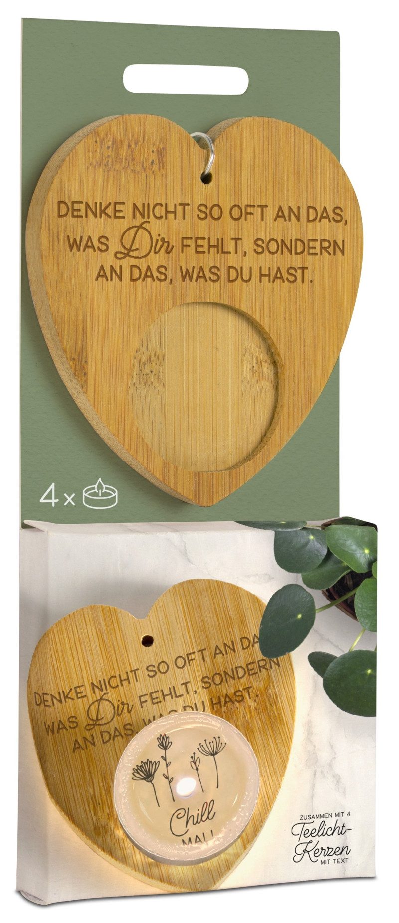 formano Teelichthalter Magic Kerze Denke an das was du hast Bambus-Herz + 4 Teelichter (1 St)