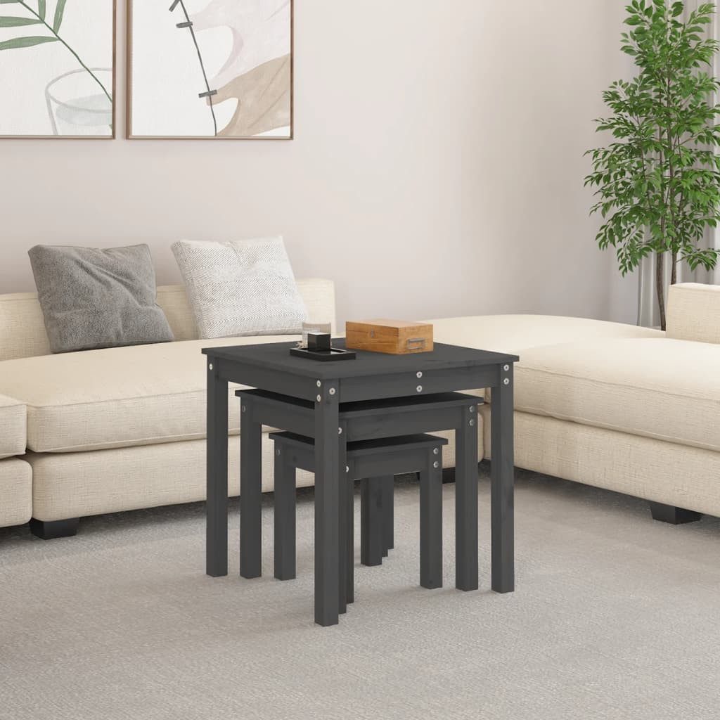 furnicato Satztisch Satztische aus massivem Kiefernholz Grau 55x55x55, 43x43x45, 31x31x35 (1-St), Stapelbare Beistelltische mit Stauraum für Wohn- und Schlafzimmer