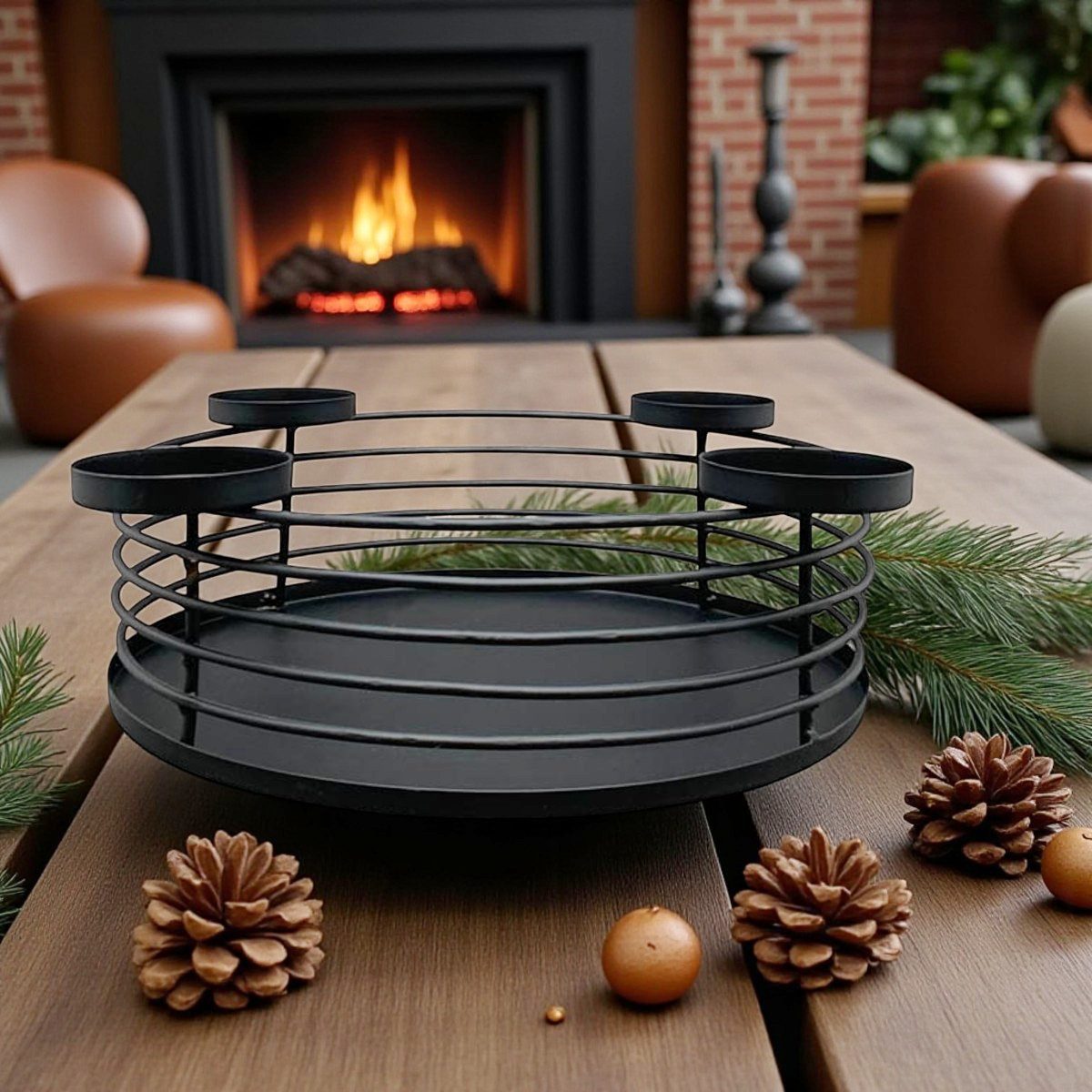 Macosa Home Adventskranz Schwarz Metall 30 cm modern elegantes Adventsgesteck, 4 Kerzenhalter Tischdekoration