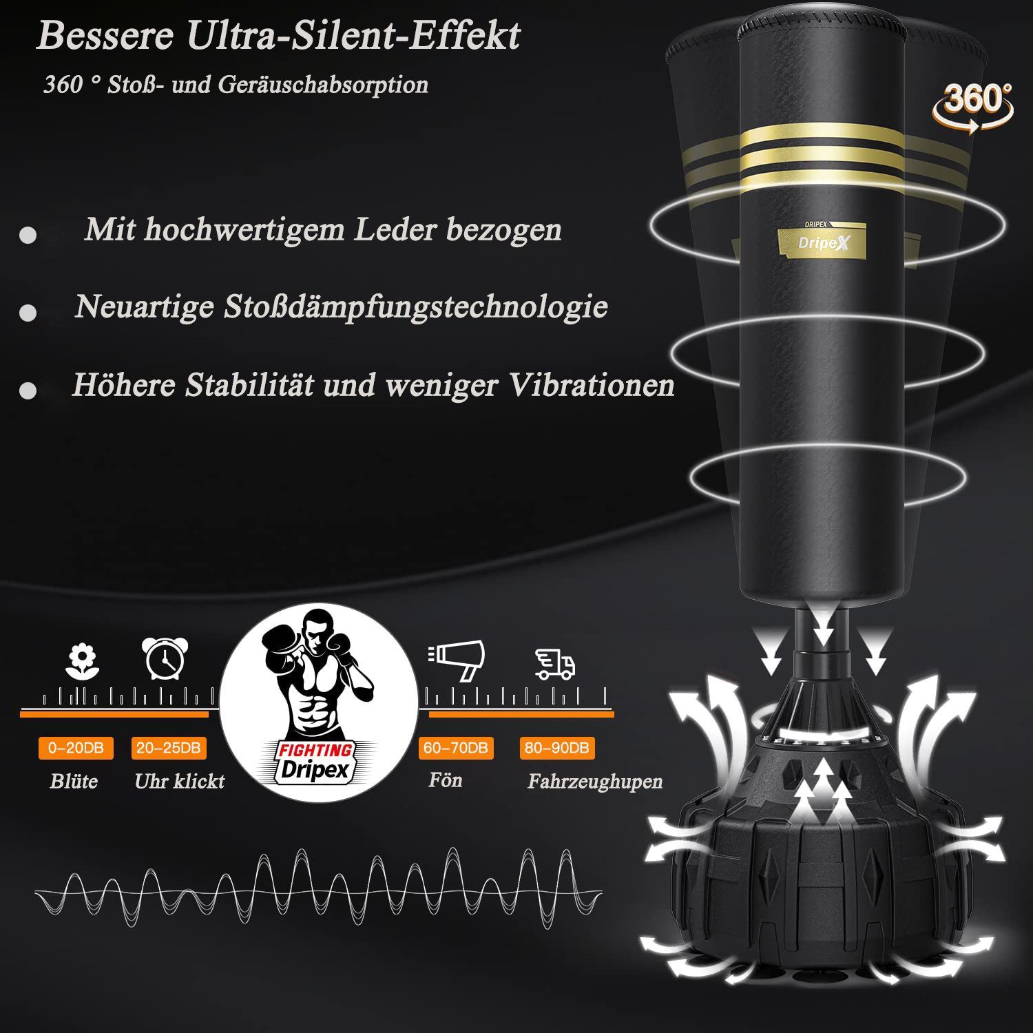 Dripex Boxsack Freistehender Boxsäcke Standboxsack MMA Boxpartner, Einzigartige Gummi Integrierte Stoßdämpfung, Geräuschabsorption