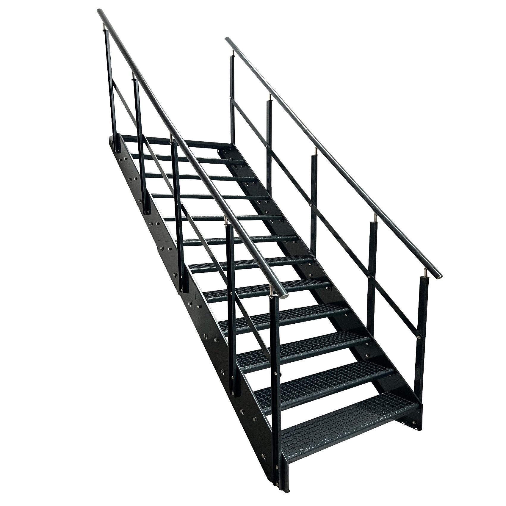 Kaminbau Mierzwa Außentreppe Stahltreppe 12 Stufen Anthrazit mit und ohne Geländer Höhe 228 cm, für Geschosshöhen bis 228 cm, Stufen Gitterroststufen nach DIN 24531, (Stufenbreite und Geländerart wählbar), Aus Premium Materialien hergestellt