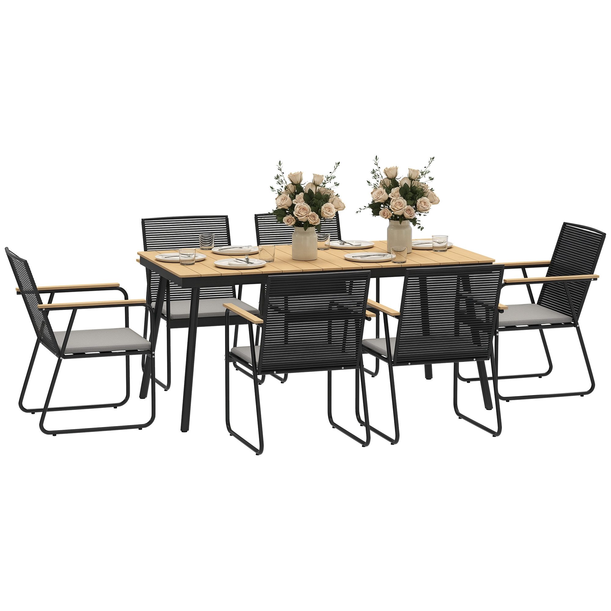 Outsunny Garten-Essgruppe für 6 Personen, mit Tisch, 6 Stühle, (7-teilig Sitzgruppe, 7-tlg., Gartenmöbel-Set), für Terrasse, Balkon, Esszimmer, Naturholz