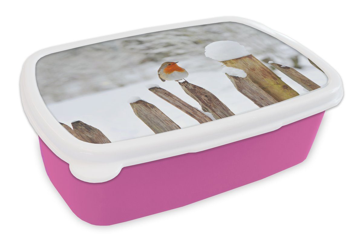 MuchoWow Lunchbox Vogel - Zaun - Schnee, Kunststoff, (2-tlg), Brotbox für Erwachsene, Brotdose Kinder, Snackbox, Mädchen, Kunststoff rosa