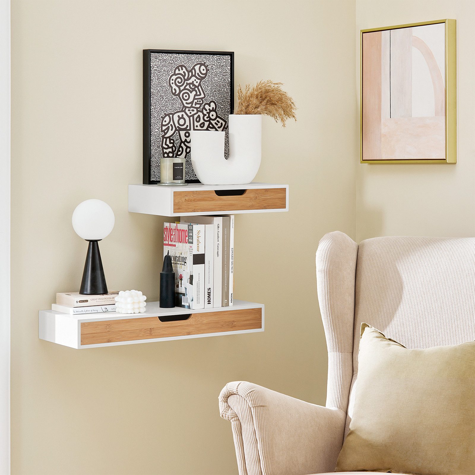 SoBuy Wandregal Schweberegal, 2er Set Wandboard, Nachttisch hängend Schublade