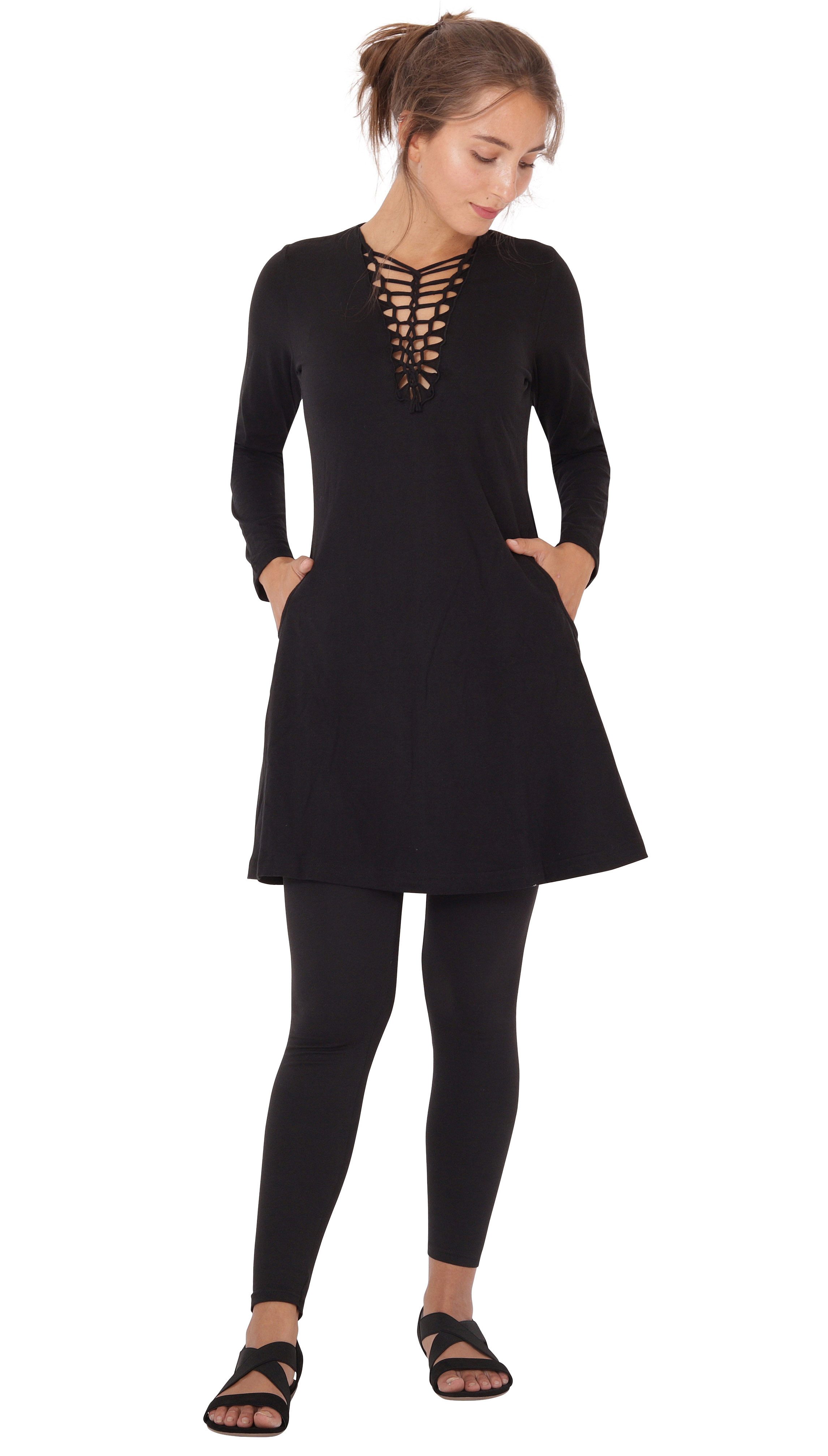 PUREWONDER Shirtkleid Shirtkleid Langarm mit geflochtenem V-Ausschnitt dr9 Schwarz XXL Jersey