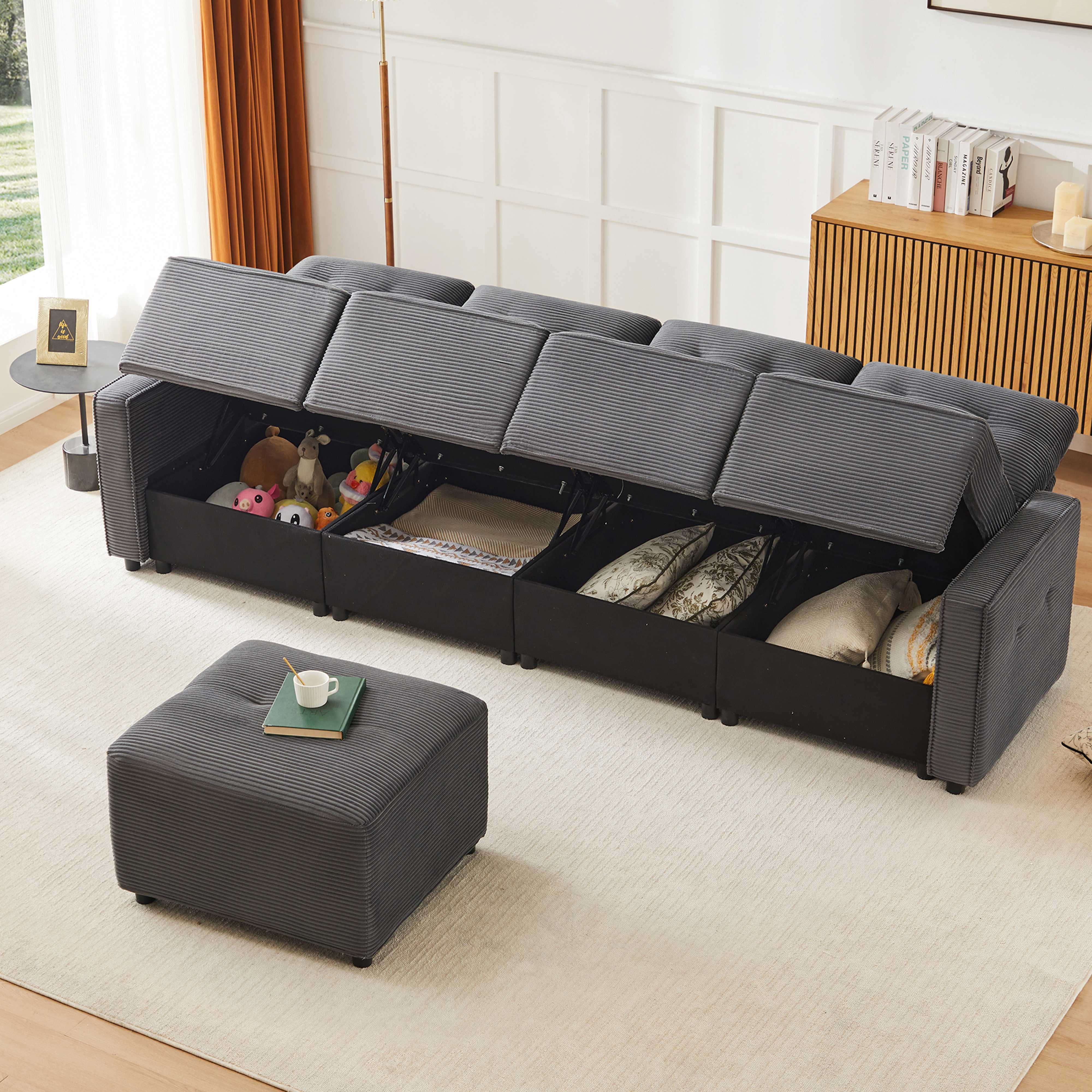 BlingBin Sofa Gerades 4-Sitzer Corduroy Sofa mit Stauraum unter den Sitzflächen, 1 Teile, 1 Hocker, B280 x T146 x H85 cm