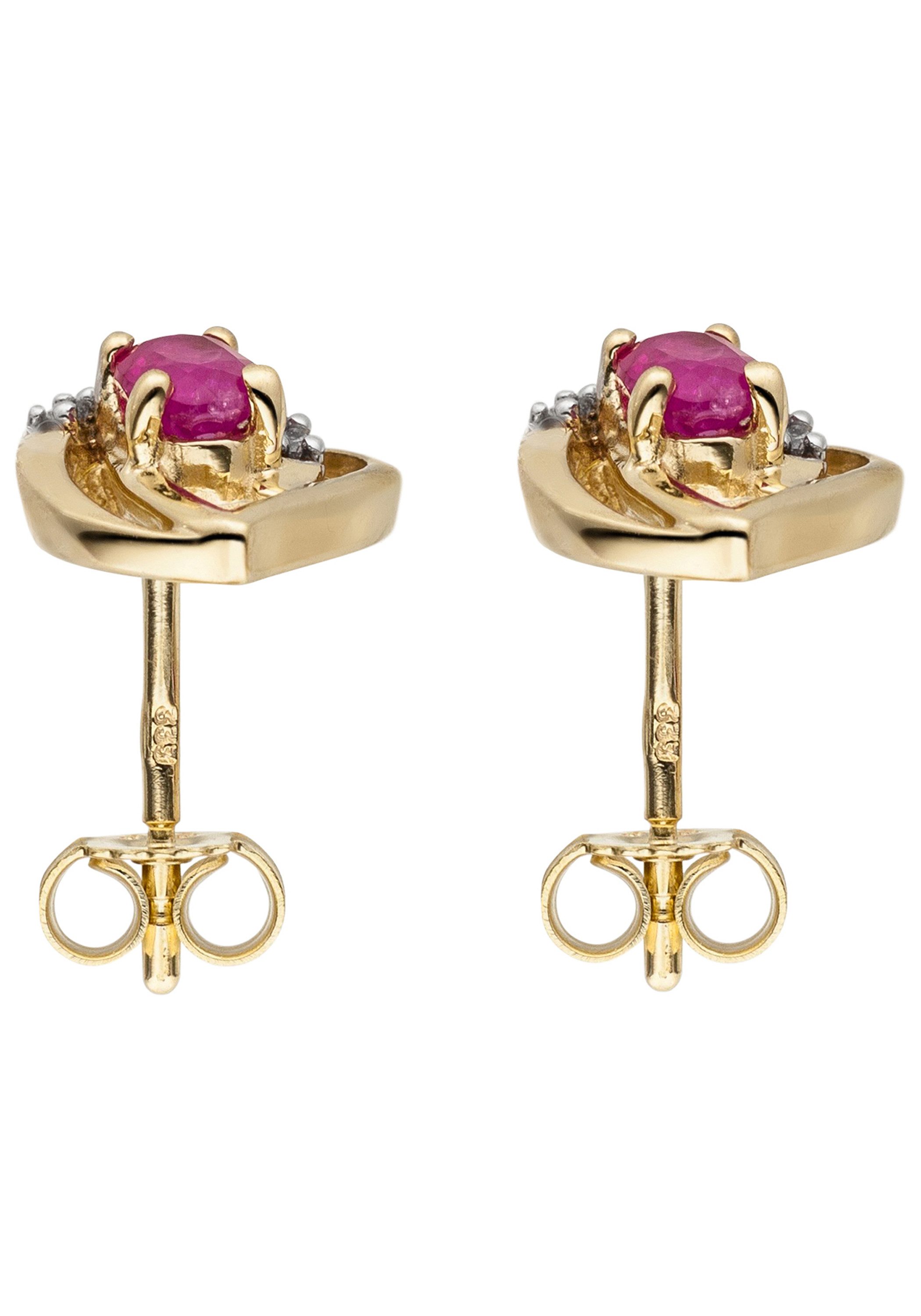 JOBO Paar Ohrstecker Ohrringe mit Rubin und 14 Zirkonia, 333 Gold