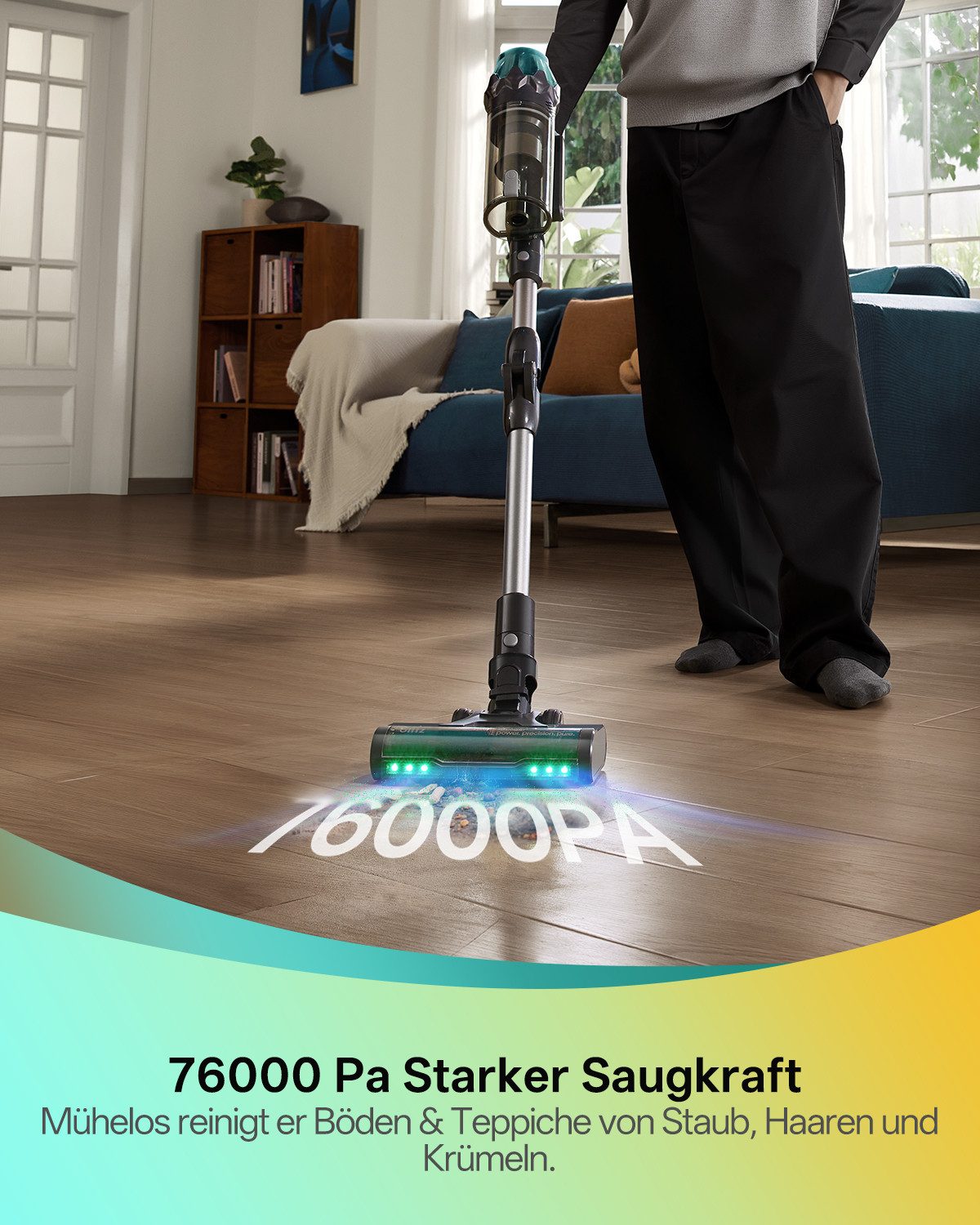 Vactidy Akku-Hand-und Stielstaubsauger V15 Max Saugen und Wischen in 1,76000PA/600W, 600 W, beutellos, DualGreen Dual-Grünlicht-Erkennungstechnologie, 7-Zyklon-Technologie