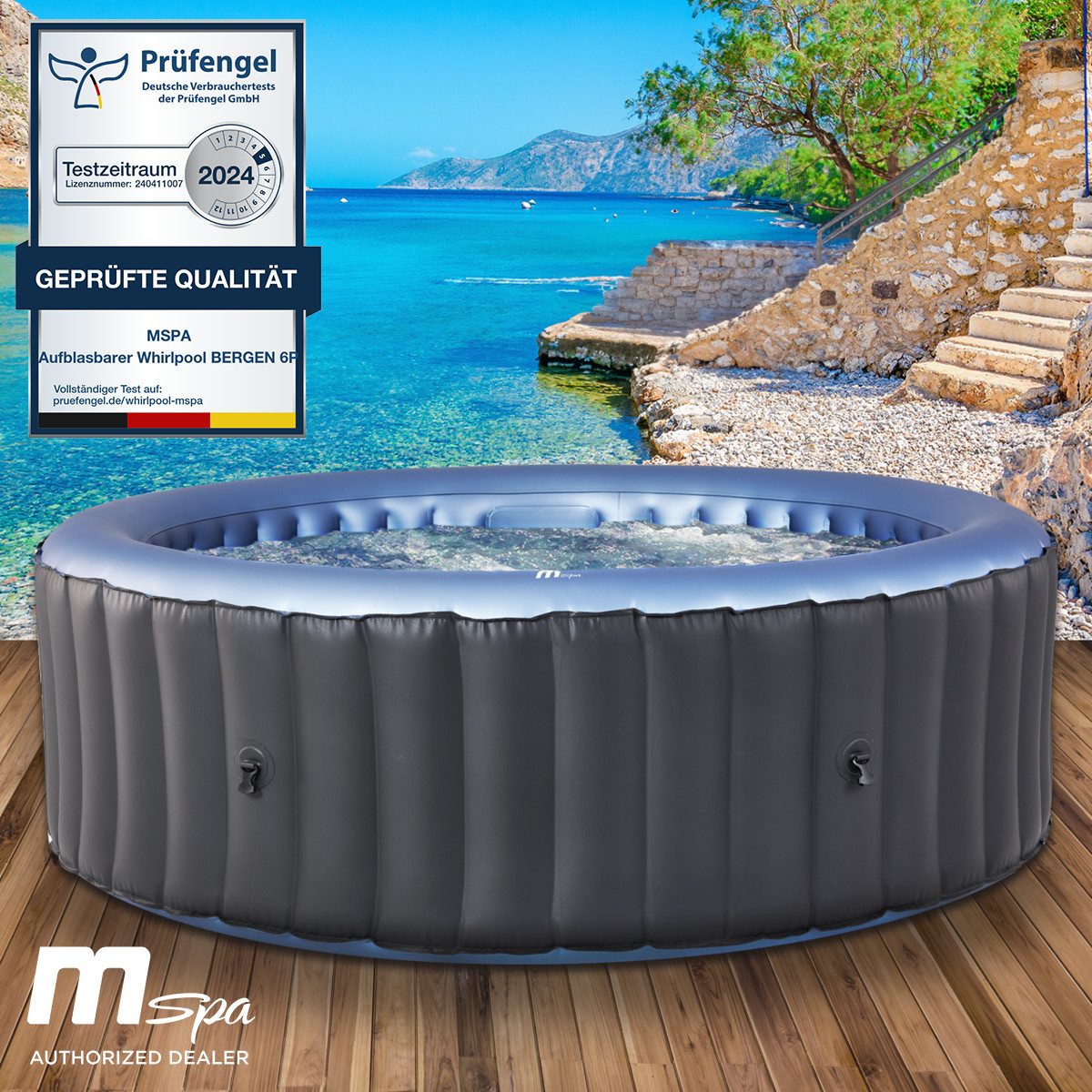 BRAST Whirlpool aufblasbar MSpa Bergen für 4-8 Personen, viele Größen Ø180-224cm, aufblasbares Aufstellbecken, (In- Outdoor Pool, Ganzjähriger Einsatz, 138 Massagedüsen), Stromsparend inkl. Energiespar-Timer