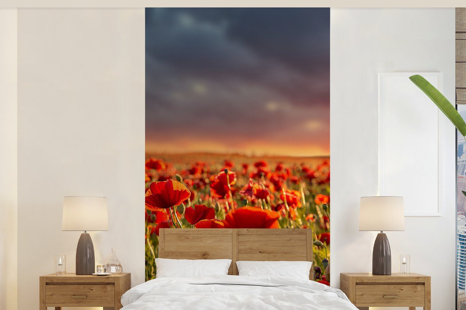 MuchoWow Fototapete Sonnenuntergang über einem Feld von Mohnblumen, Matt, bedruckt, (2 St), Vliestapete für Wohnzimmer Schlafzimmer Küche, Fototapete