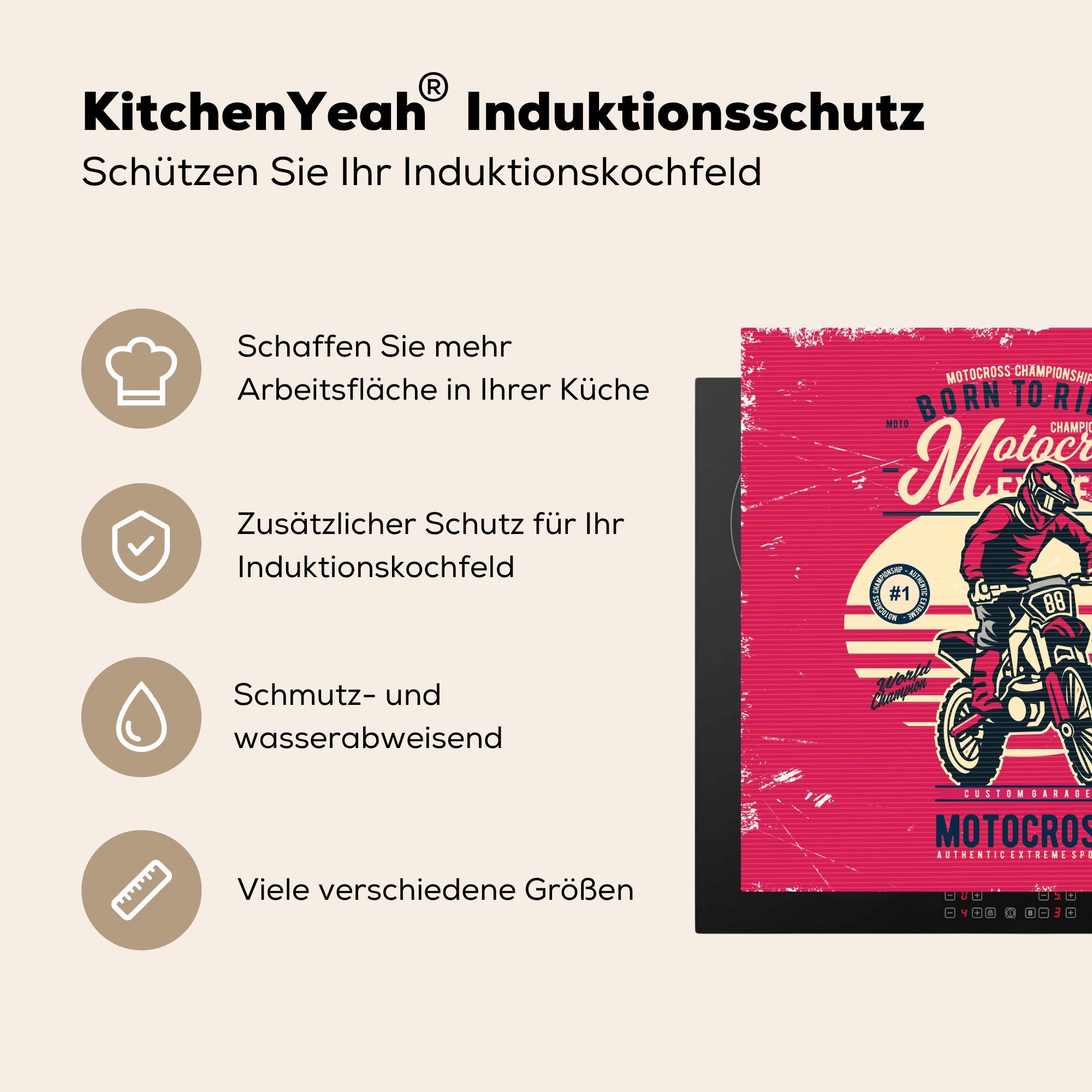MuchoWow Herdblende-/Abdeckplatte Motocross tlg), (1 78x78 - Ceranfeldabdeckung, küche Mann cm, Zeichnung - Retro, Vinyl, für Arbeitsplatte 