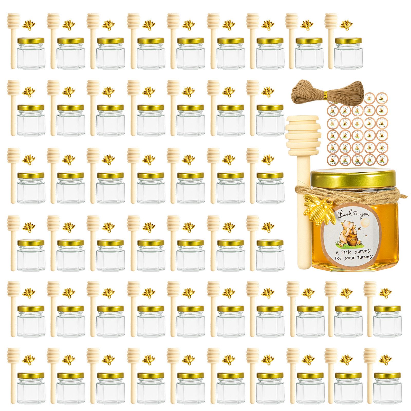 Youyijia Honigglas Mini-Honiggläser 1,5 oz mit Holzlöffel und Golddeckel, (50-tlg)