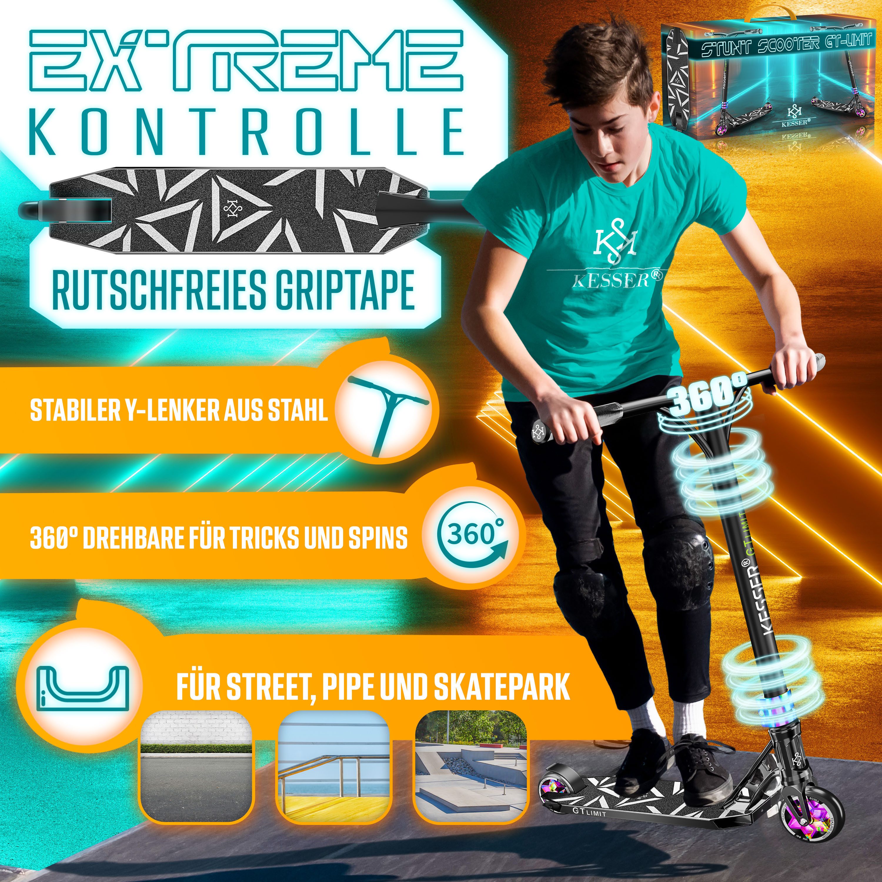 KESSER Scooter, Stuntscooter GT-Limit 360° Lenkung Funscooter Kickscooter Tretroller