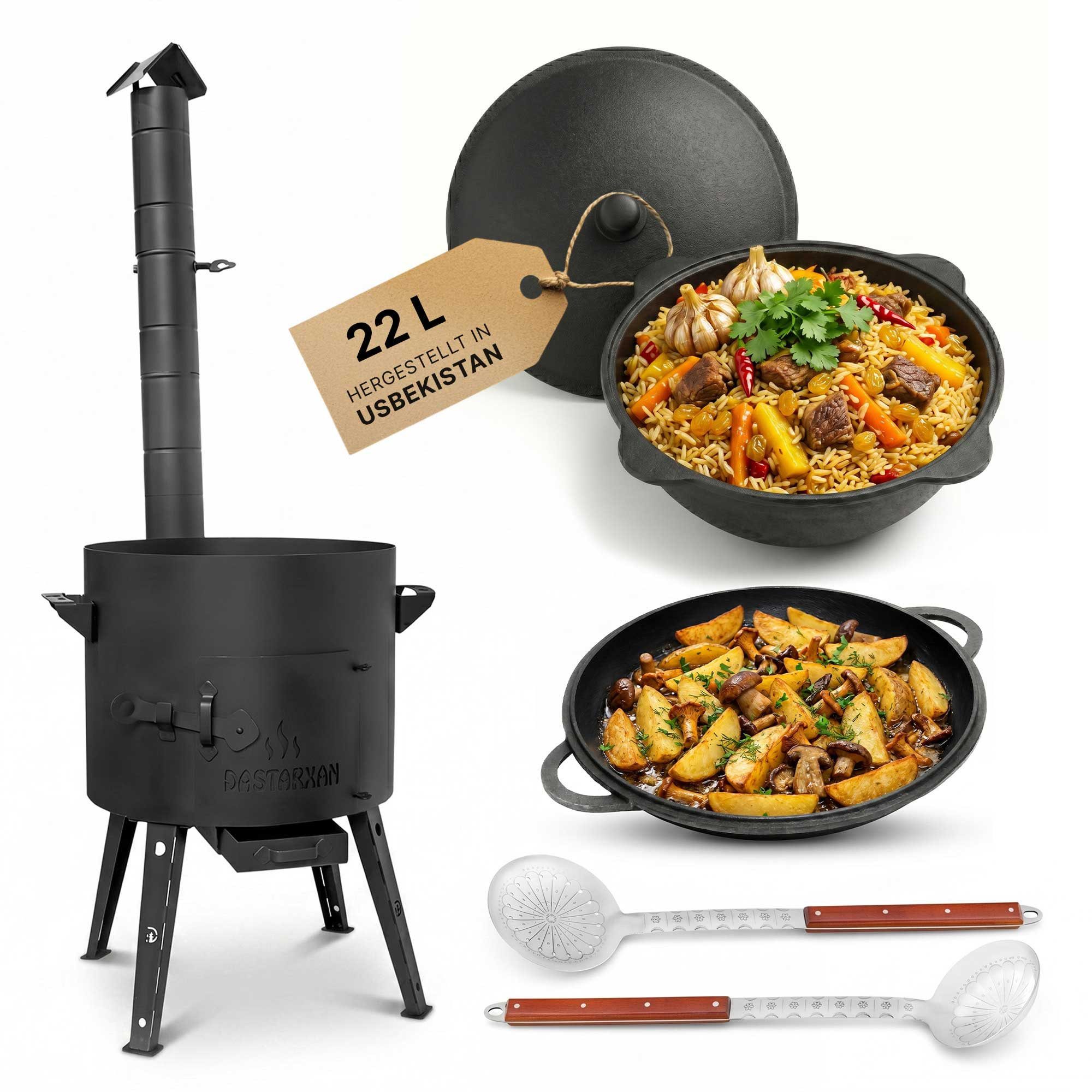 BIG-PAN Feuerstelle Outdoor Kochset Utschak 22L Gusseisen Kazan Dutch Oven komplett Set, (Eintopfofen BBQ Grill Set Outdoor, Campingofen Feldküche), 2mm Stahl mit Abzugsrohr und Aschekasten