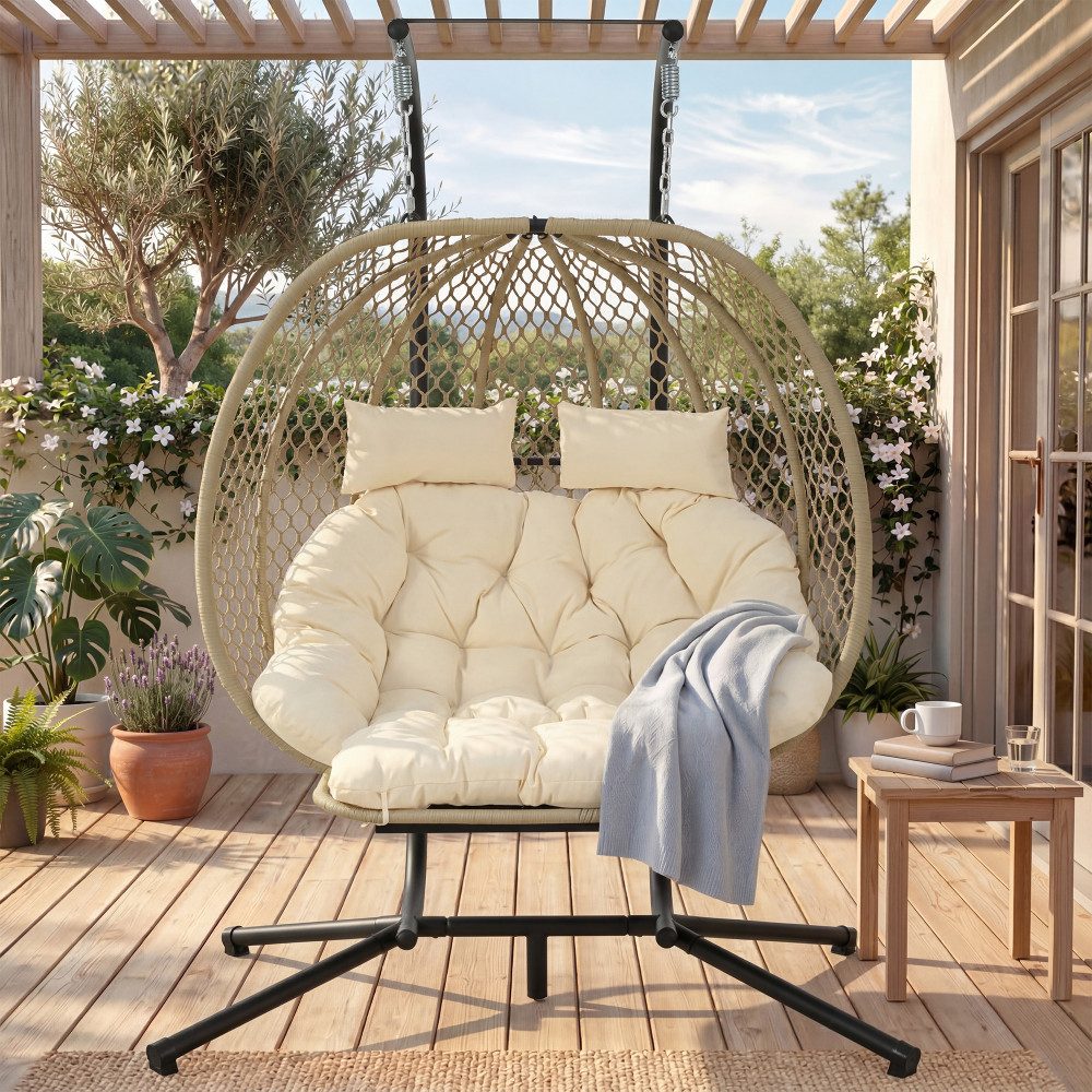 BBG Hängesessel Hängesessel mit Gestell & Fußstütze, Eiförmiger Schaukelstuhl (Gartenhängesessel Outdoor Indoor, extra weich gepolstert), Stabiler Balkon Sessel, Loungesessel bis 150kg