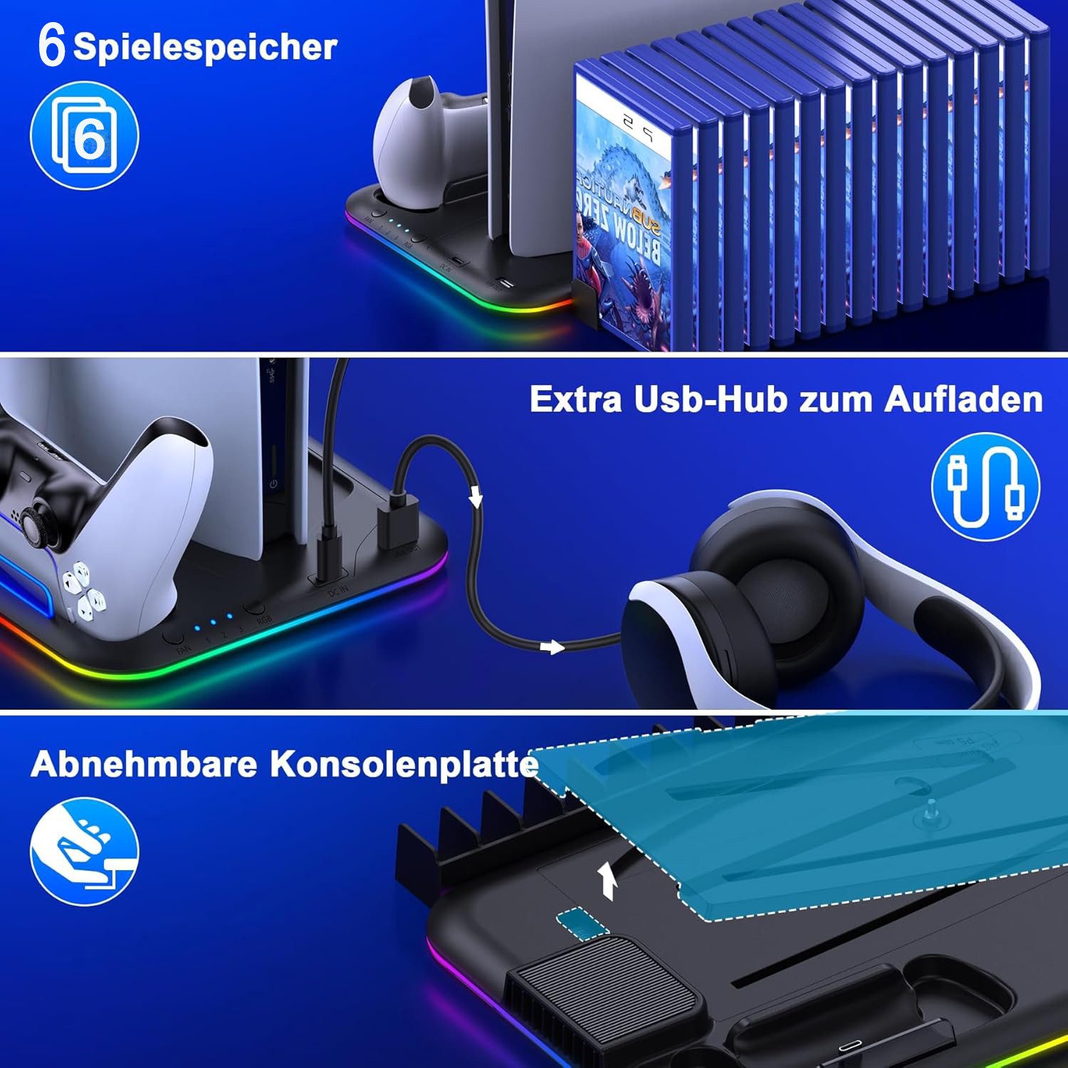 ibettertec PS5 Ständer mit 3 stufig Lüfter und RGB Licht Controller-Ladestation (PS5 Controller Ladestation,PS5 Standfuß für PS5 Disc/Digital Edition Controller – Bild 5 von 5