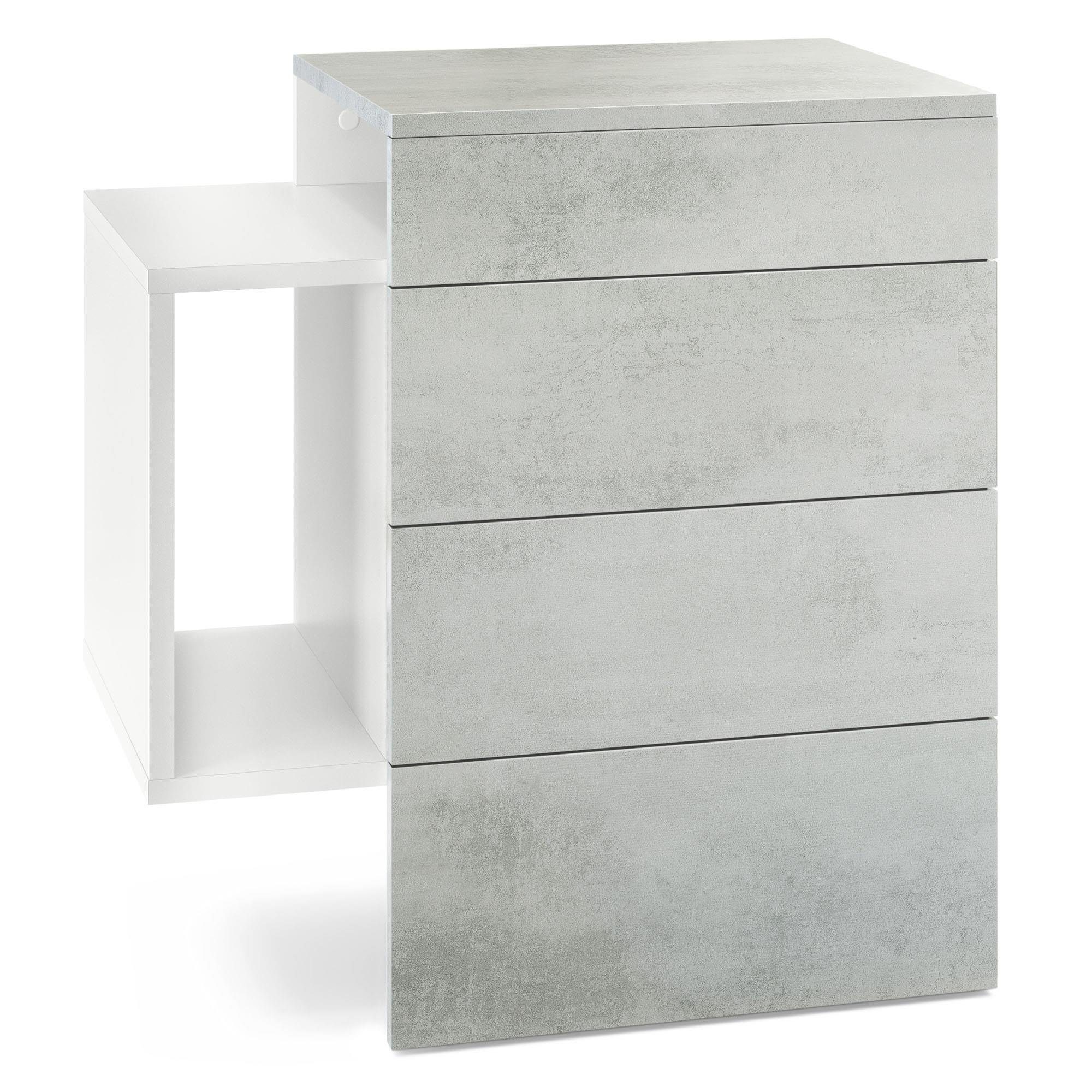 Vladon Nachttisch Queens (Nachttischschrank mit 2 Schubladen, und 1 seitlichem Fach zur Wandmontage), Weiß matt/Beton Oxid Optik (60 x 63 x 36 cm)