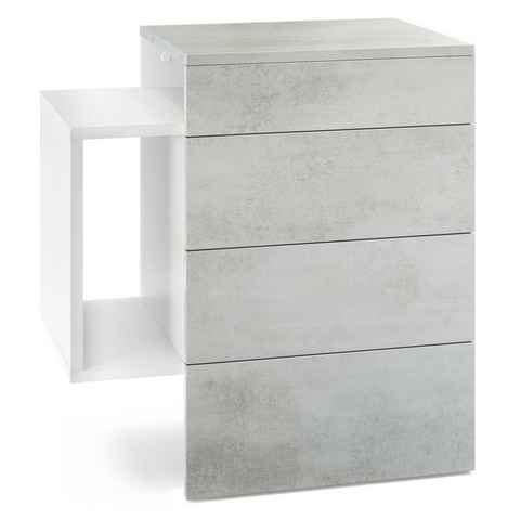 Vladon Nachttisch Queens (Nachttischschrank mit 2 Schubladen, und 1 seitlichem Fach zur Wandmontage), Weiß matt/Beton Oxid Optik (60 x 63 x 36 cm)