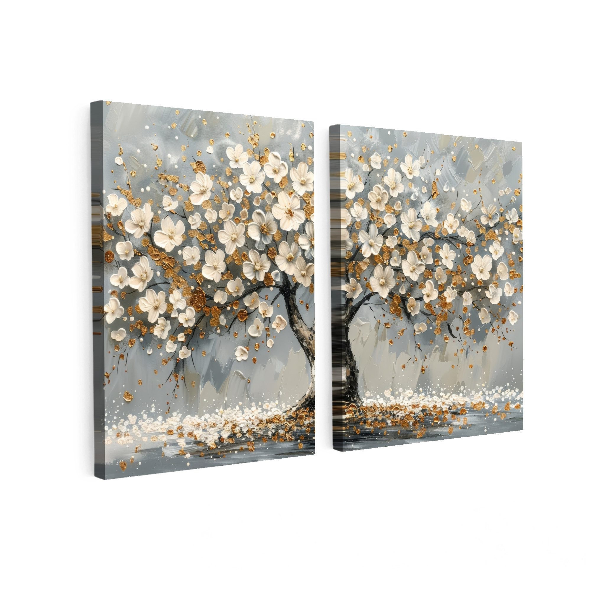 MuchoWow Leinwandbild Baum - Abstrakt - Weiß - Blüte, Fotodruck (2 St), Wan günstig online kaufen
