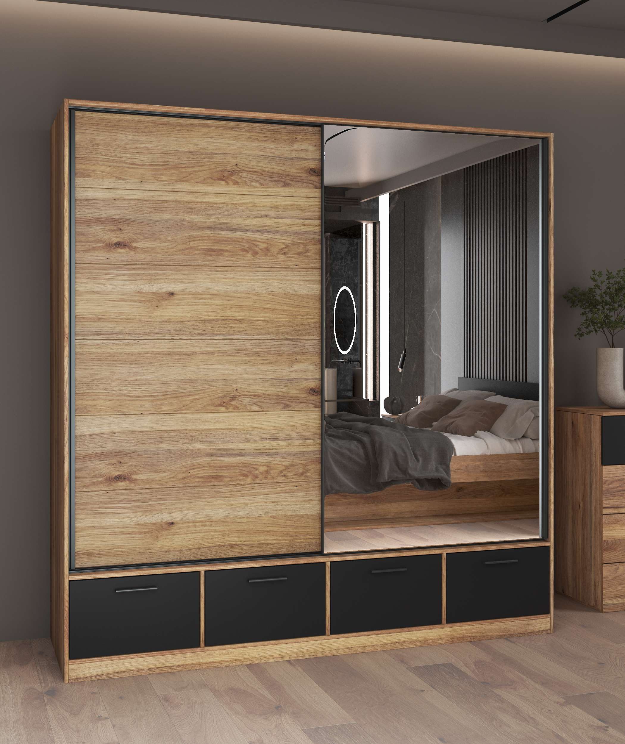 99rooms Schwebetürenschrank Era (Kleiderschrank, Schrank) mit 2 Schiebetüren, 4 Schubladen, 6 Fächer, 4 Einlegeböden