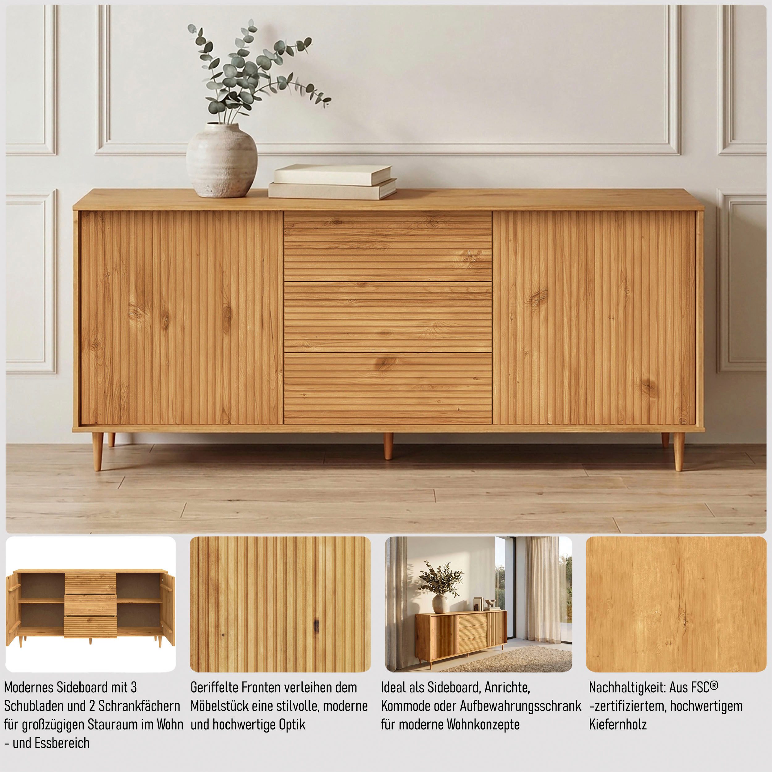 OTTO home Sideboard Malmedy Front mit gefrästen Rillen, Kommode aus massivem Kiefernholz, Push-to-open, Breite 160 cm – Bild 3 von 5