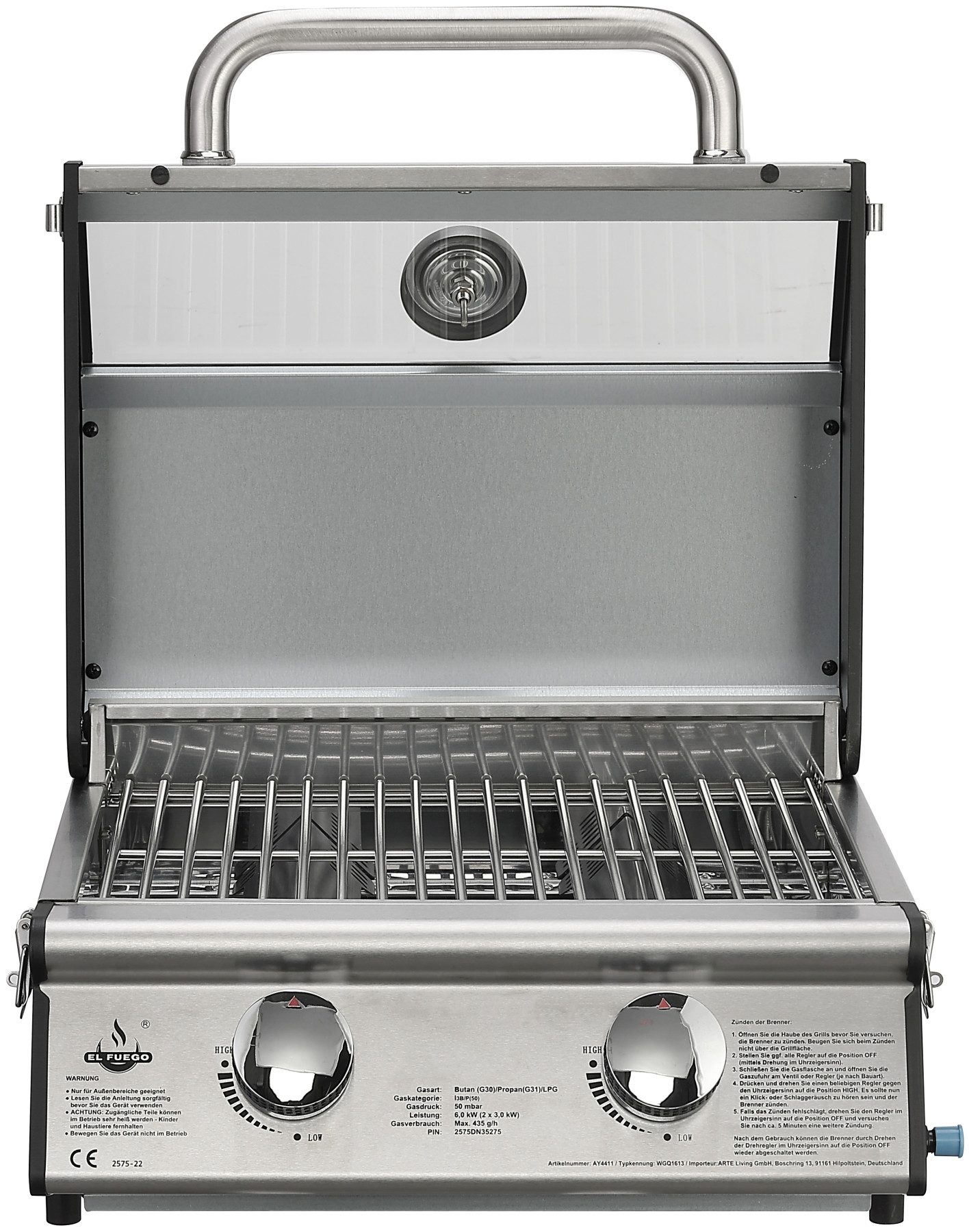 El Fuego Gasgrill Jesolo, 6 kW (2 Brenner je 3 kW), mit Piezozündung – Bild 4 von 5
