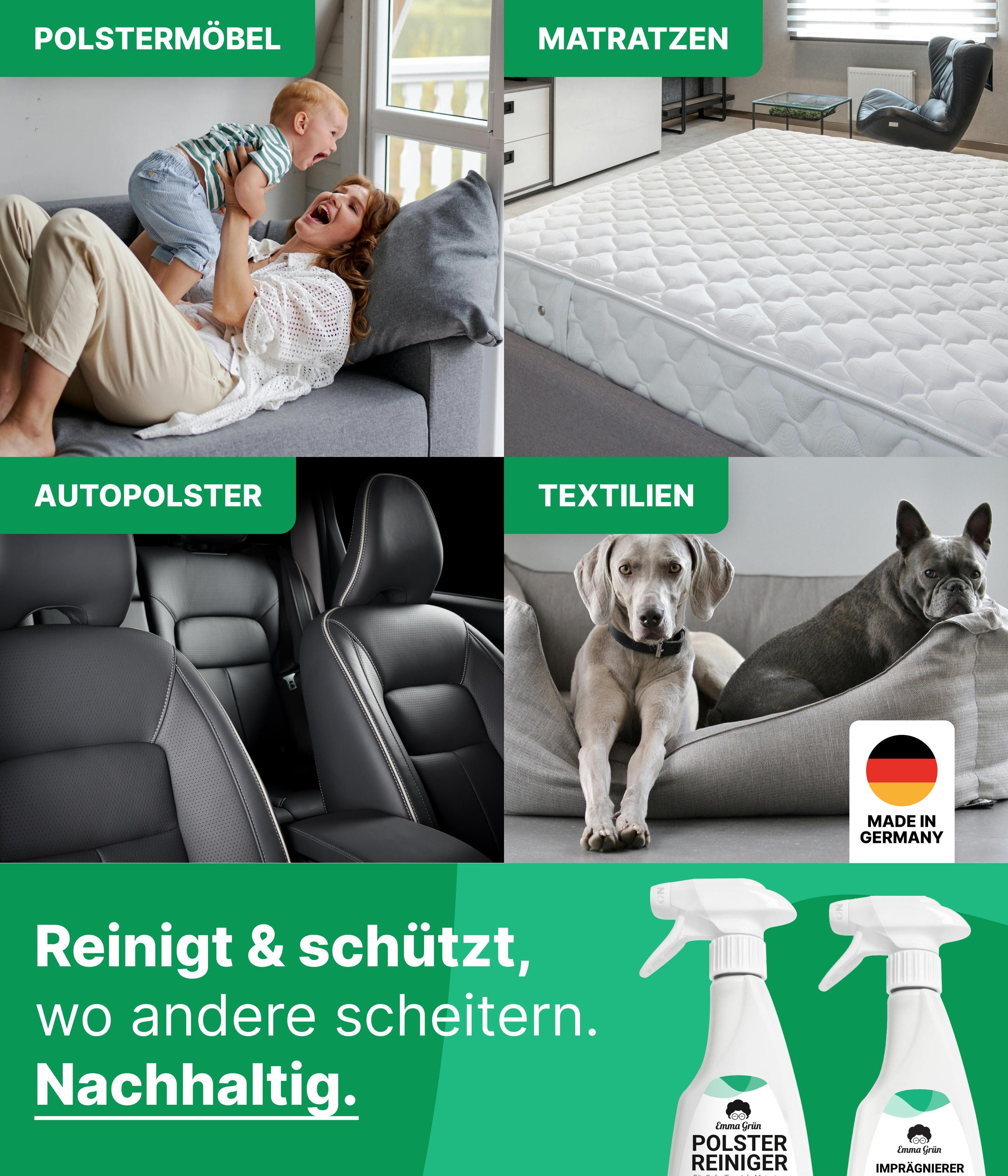 Emma Grün Sofa Reiniger 500 ml mit Polsterbürste Polsterreiniger (für Sofas & Autositze, stark gegen Gerüche & Flecken, aus Deutschland)