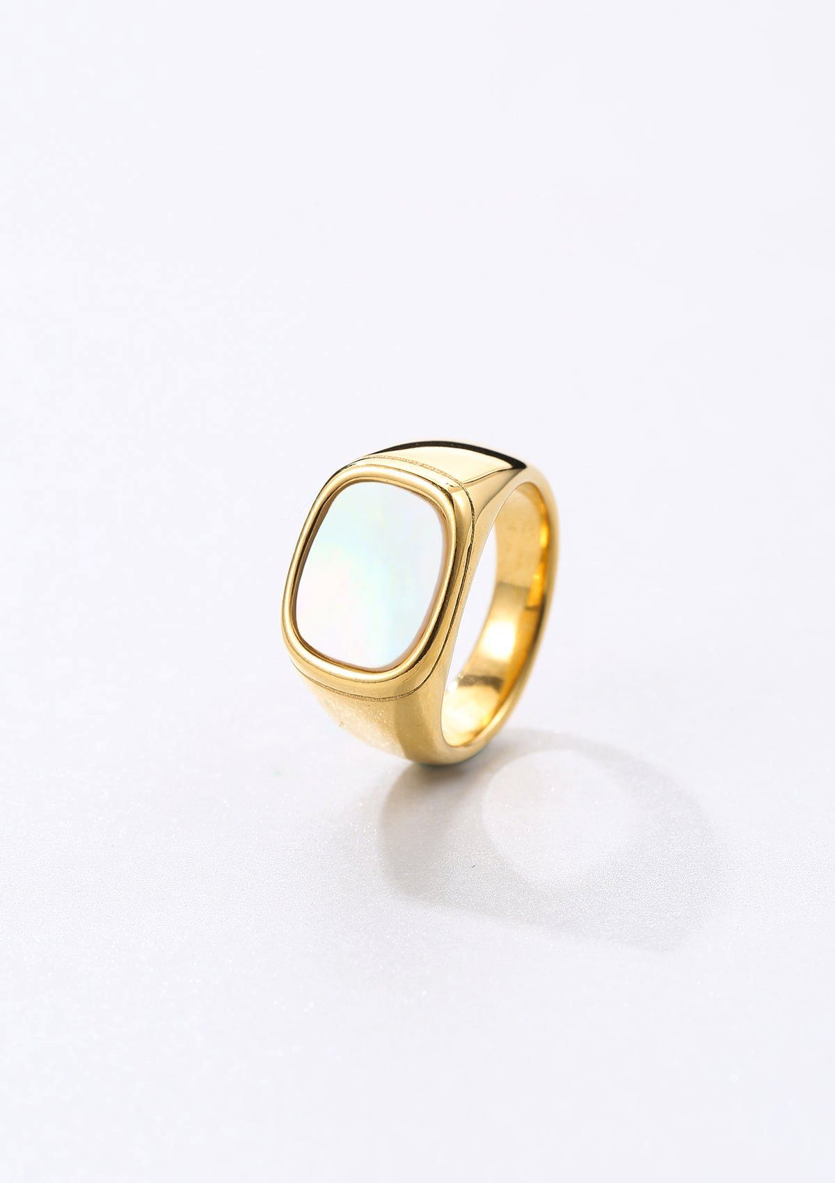 Hey Happiness Fingerring Siegelring Rechteck Muschel, 18K Vergoldet, Edelstahl Ring in Gold, Damenring Perlmutt schimmernd, wasserfest
