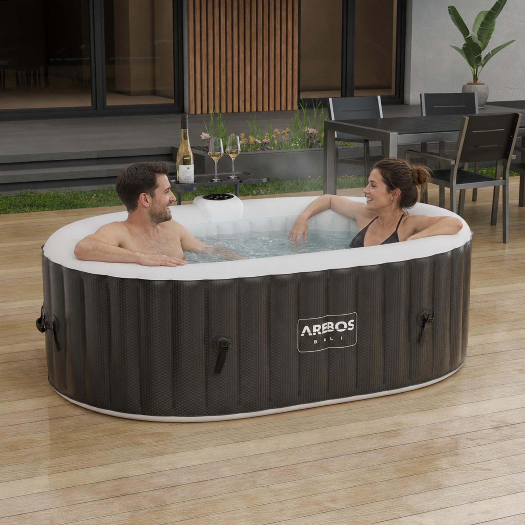 Arebos Whirlpool BALI aufblasbar für 2 Personen mit 90 Massagedüsen, (Komplett-Set, mit LED-Beleuchtung, 190 x 120 cm), für Outdoor & Indoor