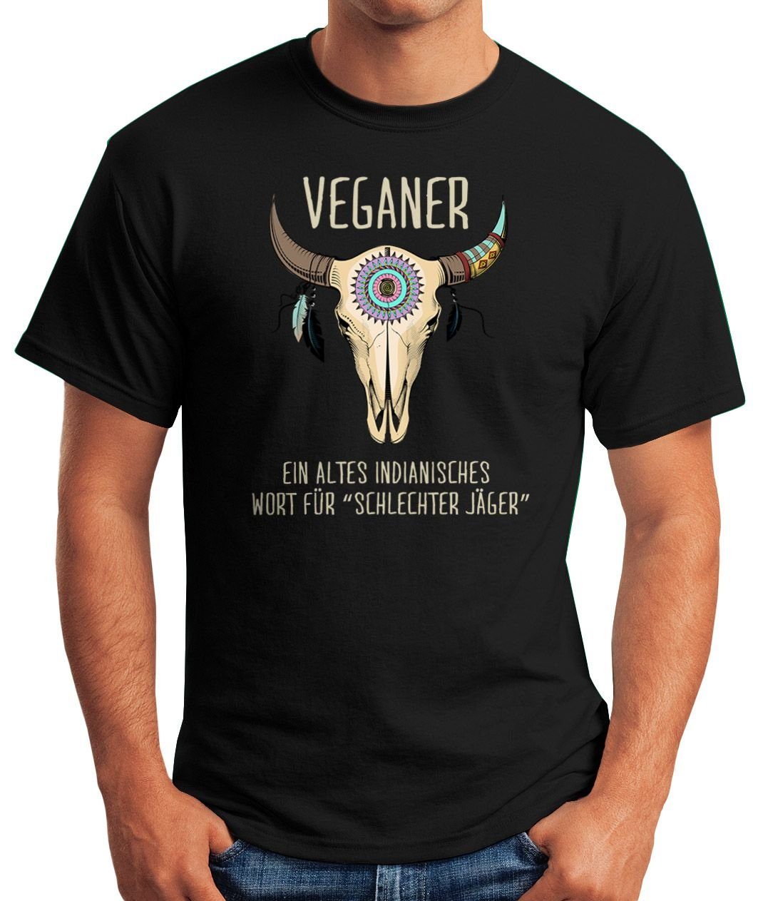 Moonworks® Herren Vegetarier Veganer lustig mit / MoonWorks Veganer Schlechter T-Shirt Jäger Print Skull Print-Shirt Fun-Shirt Spruch schwarz