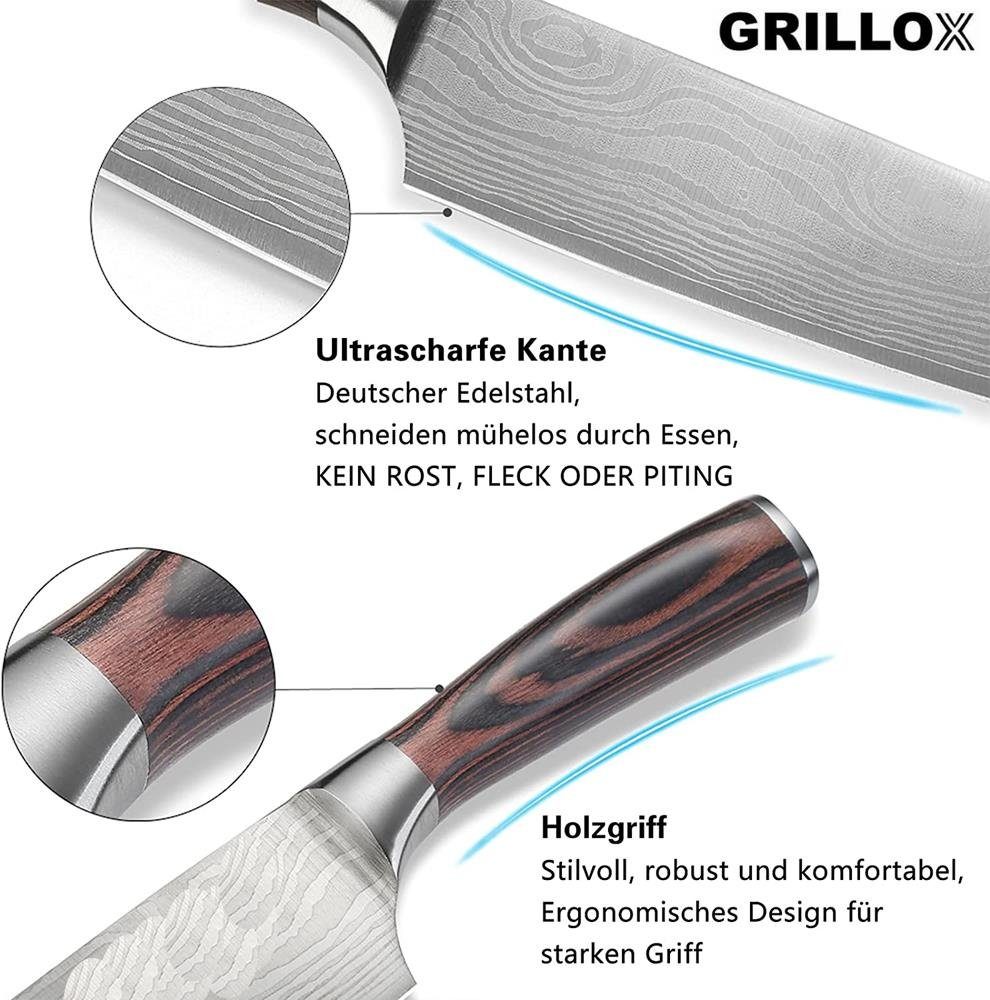 Küchenmesser Edelstahl Pakka GRILLOX Damast Look Kochmesser Profi MAVURA 20cm Scharf im Holz Steakkochmesser Allzweckmesser Fleischmesser Chefmesser
