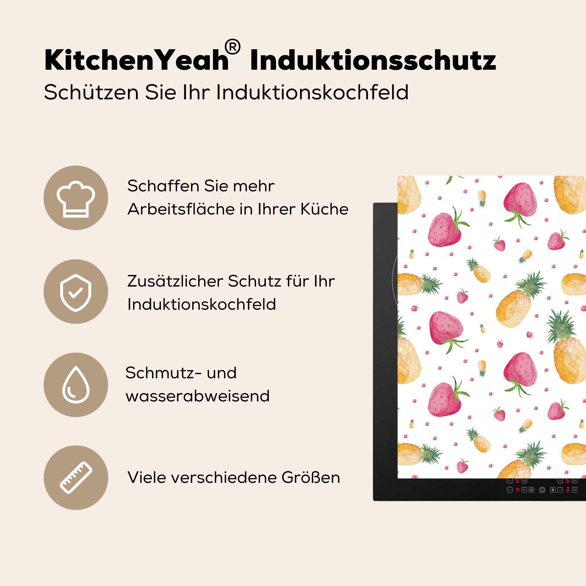 MuchoWow Herdblende-/Abdeckplatte Erdbeeren - Vinyl, tlg), cm, Schablonen, Ceranfeldabdeckung, küche Ananas Arbeitsplatte für 78x78 Aquarell - - (1