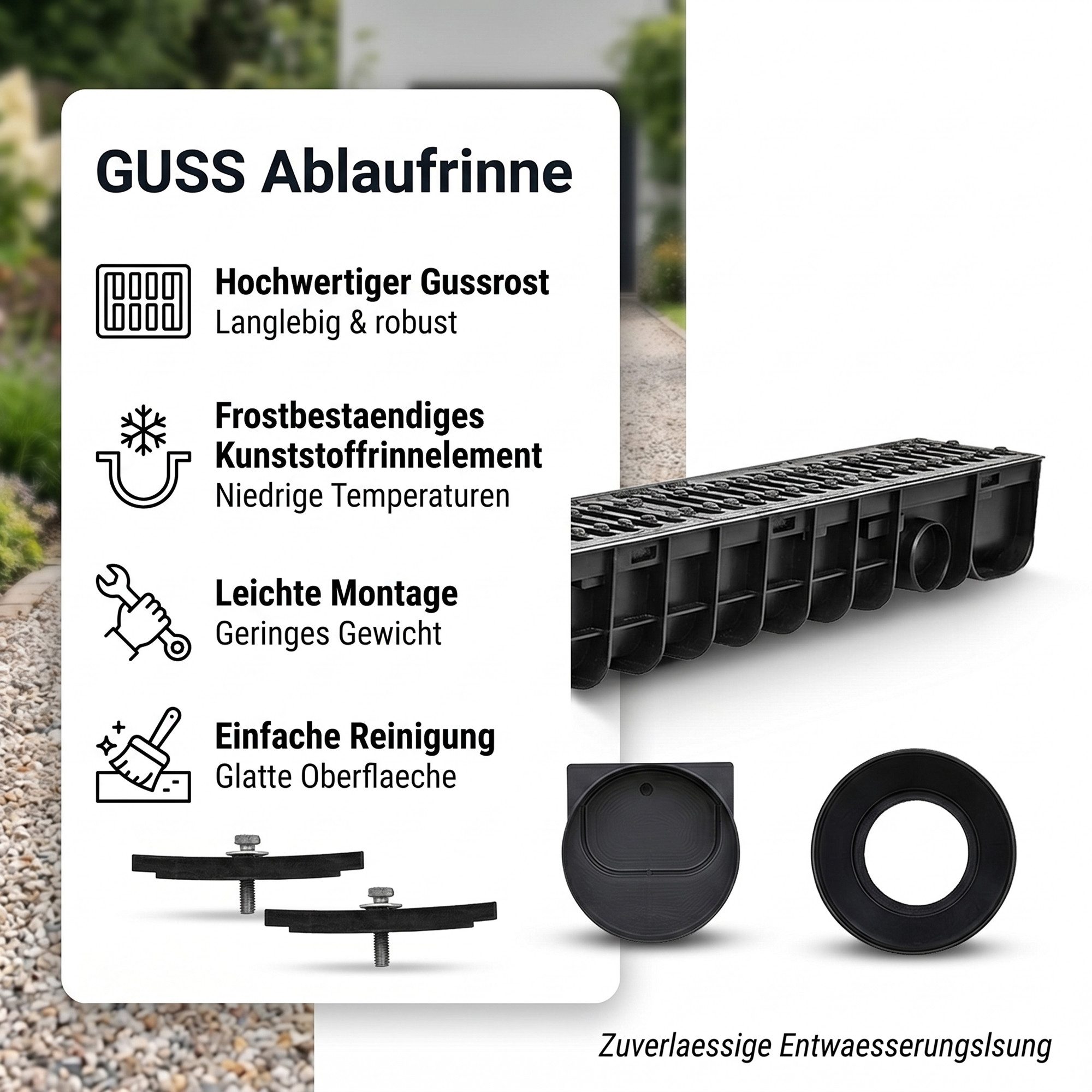 Mucola Regenrinne Entwässerungsrinne Stegrost B125 Entwässerungskanal Kunststoff Stahl,B125, Einzelartikel, Premium-Regenrinne, Diebstahlschutz