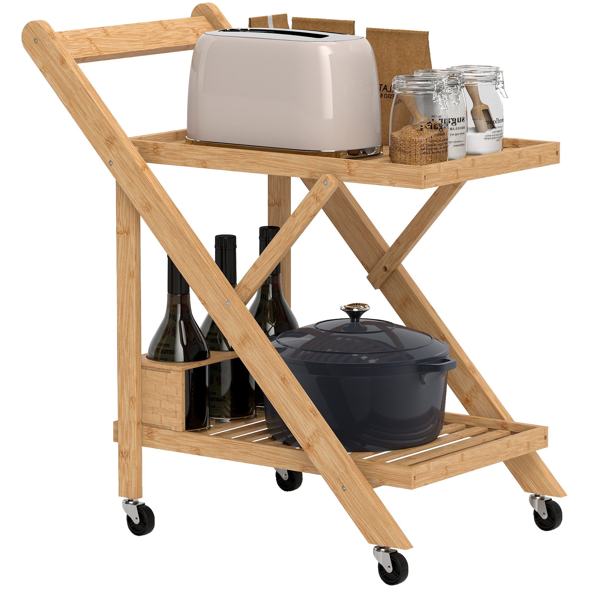 HOMCOM Servierwagen Küchenwagen mit 2 Ebenen, Rollwagen mit Weinregal, klappbar, (Rollwagen, 1 St., Küchenwagen), für Büro, Küche, Wohnzimmer, 66 x 40 x 70 cm, Bambus, Natur
