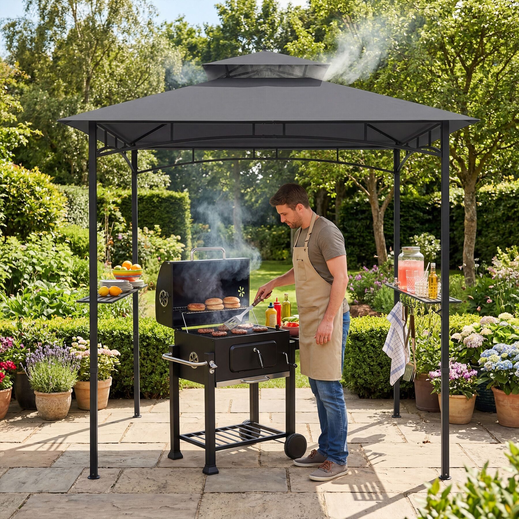 tectake Pavillon Grillpavillon, inklusive 8 Heringen und 6 Haken, 240 x 150 x 250 cm, mit 2 Seitenteilen, (Grillüberdachung Maracaibo, in anthrazit), wetterfest mit UV-Schutz, Flaschenöffner, seitliche Gitterablagen