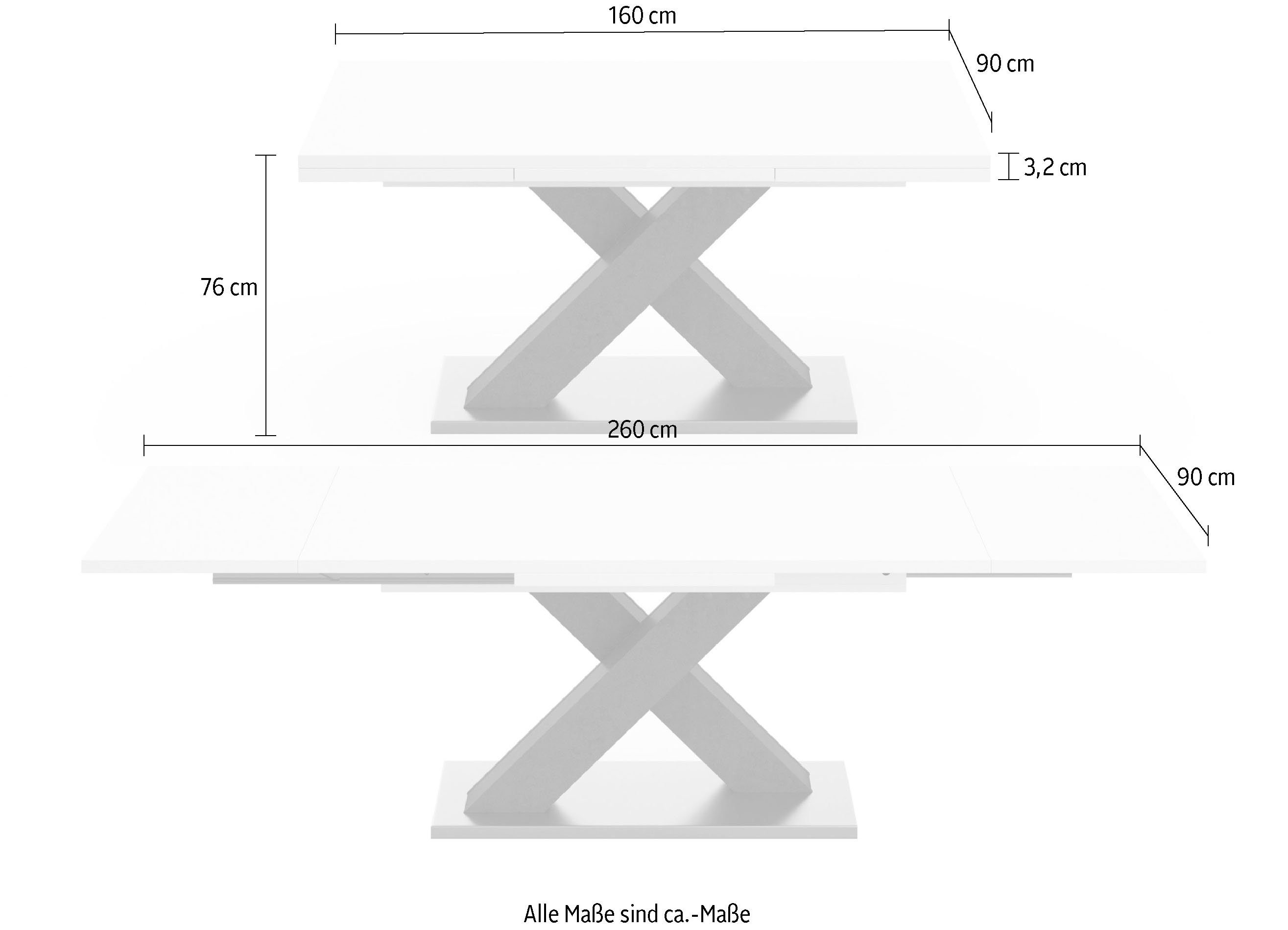 Mäusbacher Esstisch Komfort C, mit cm lack X-Gestell weiß graphit matt mit Breite 160-260 Auszugsfunktion, in und